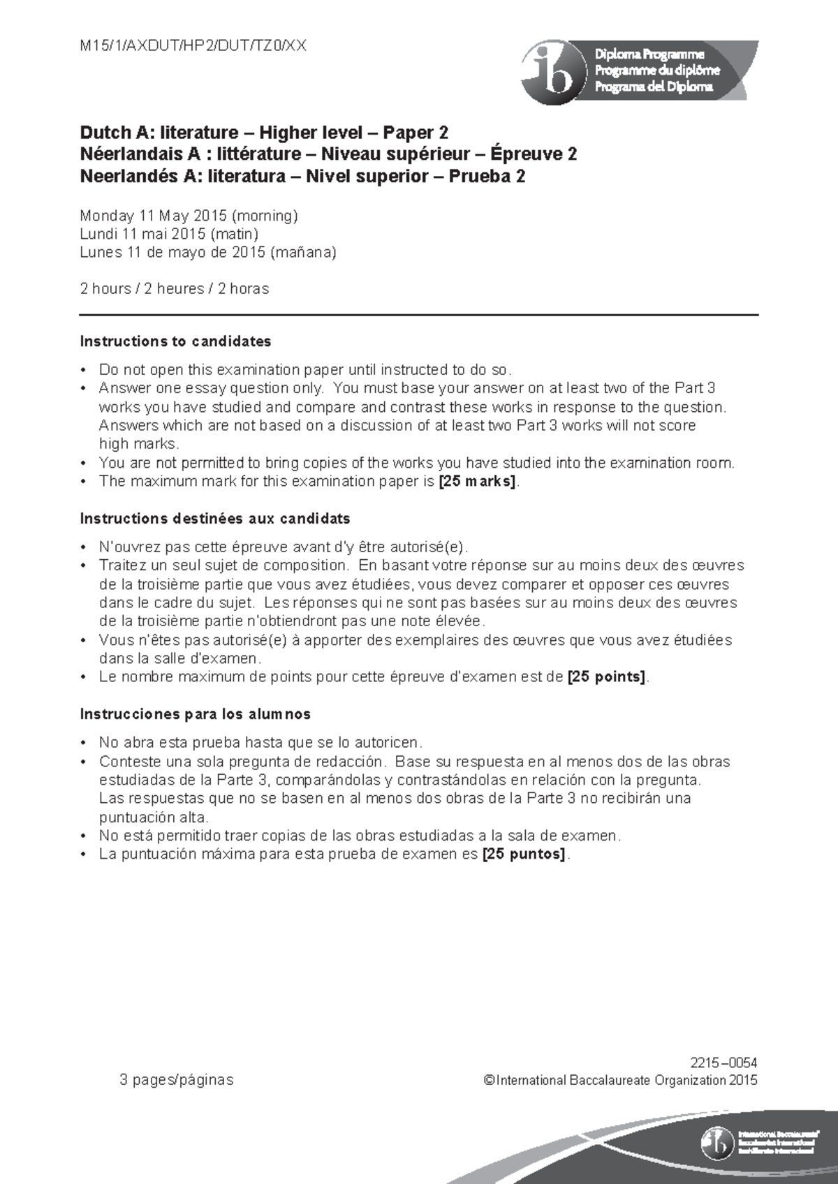 Dutch A Literature HL Paper 2 Exam Instructions and Essay Topics ...