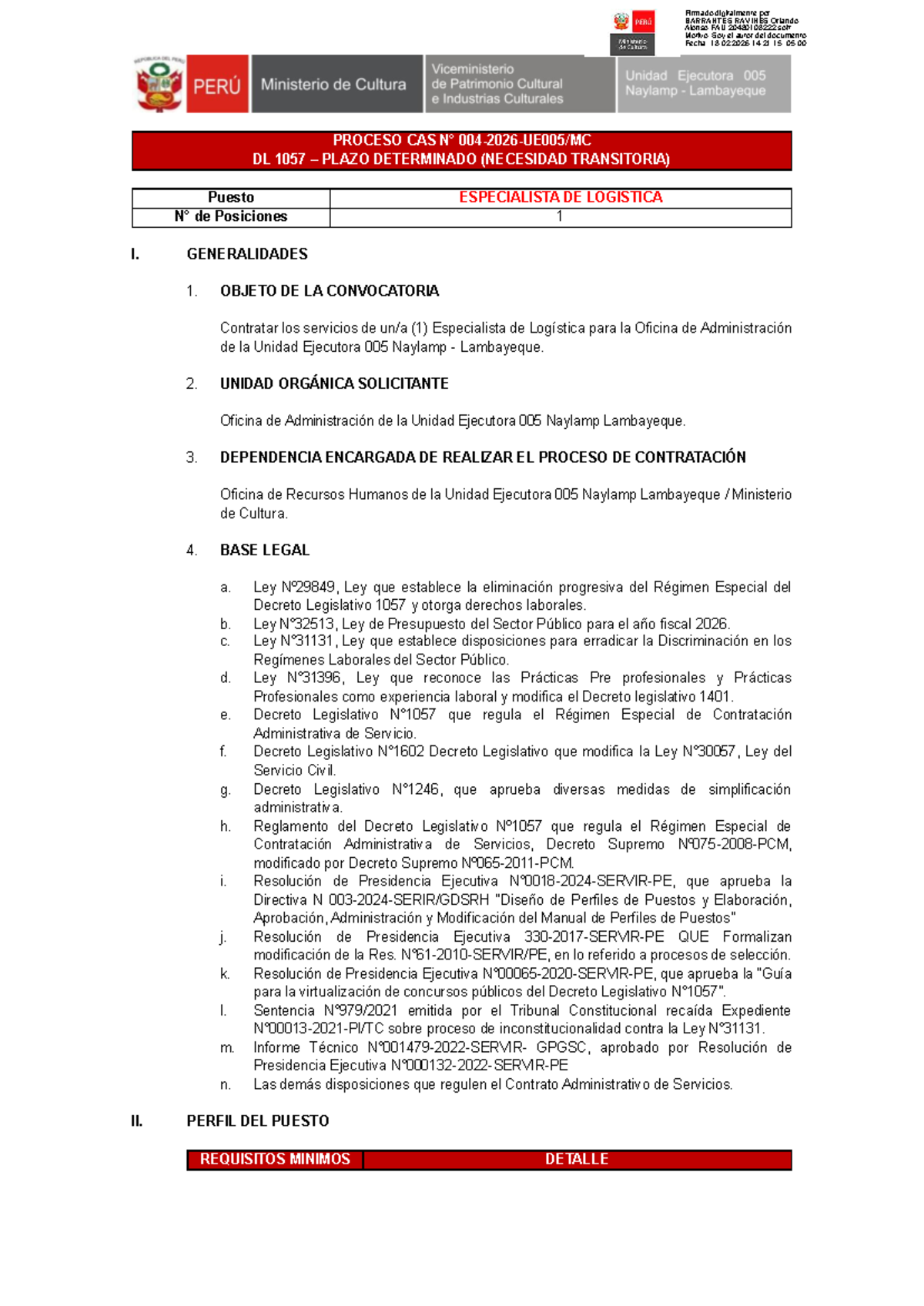 Bases del Proceso de Selección para Especialista en Logística - CAS DL ...