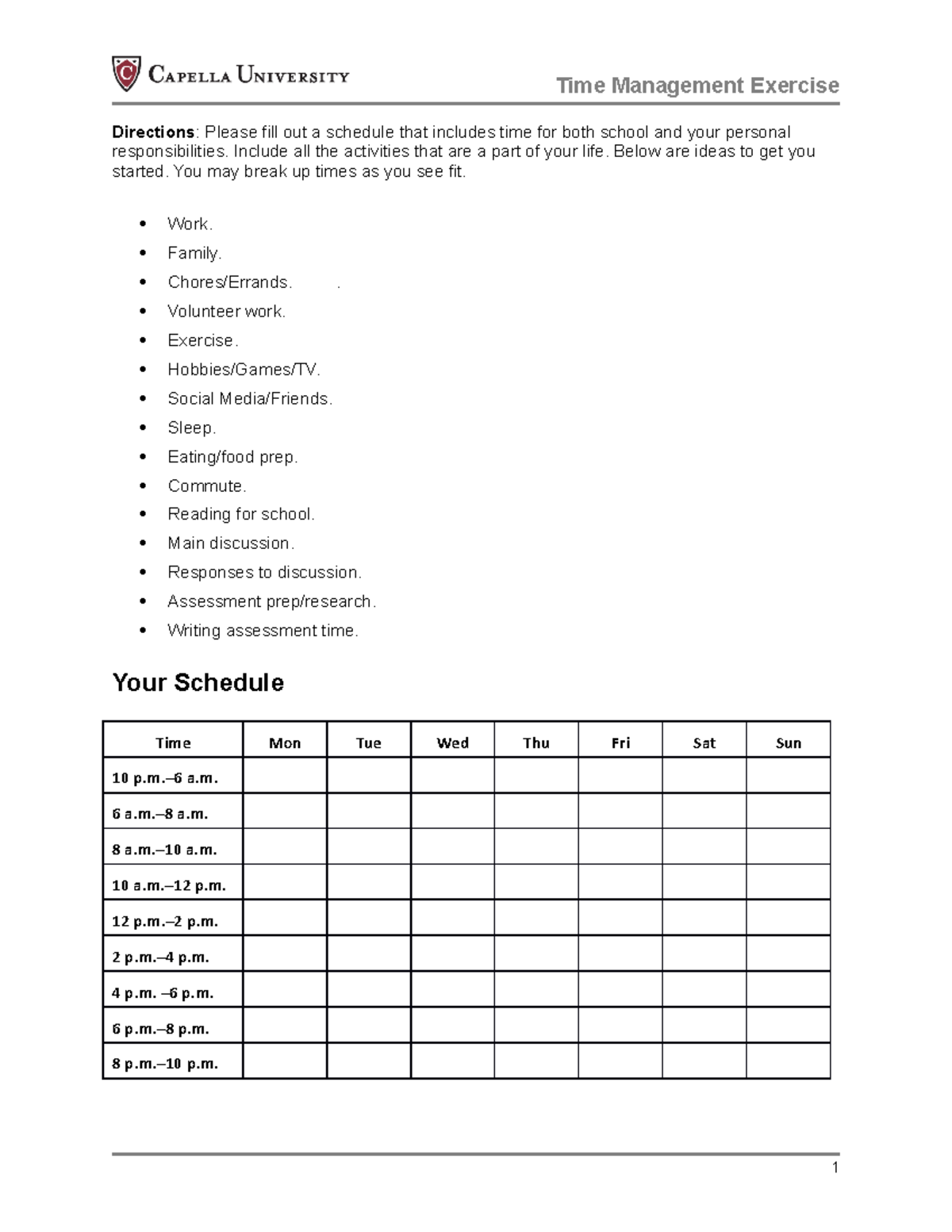 Cf Time Management Exercise: Balancing School & Life Priorities - Studocu