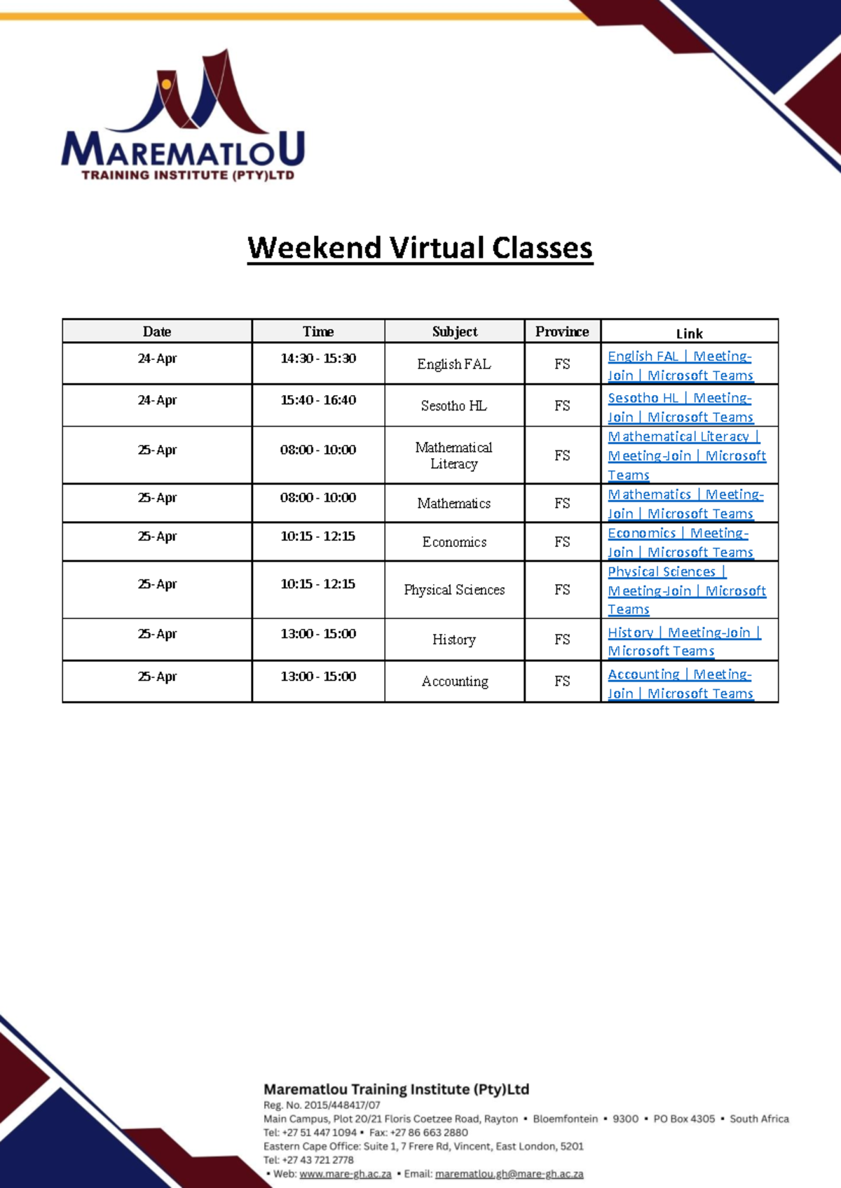 Weekend 1 (24 - 25 Apr) Virtual Classes Links - Weekend Virtual Classes ...