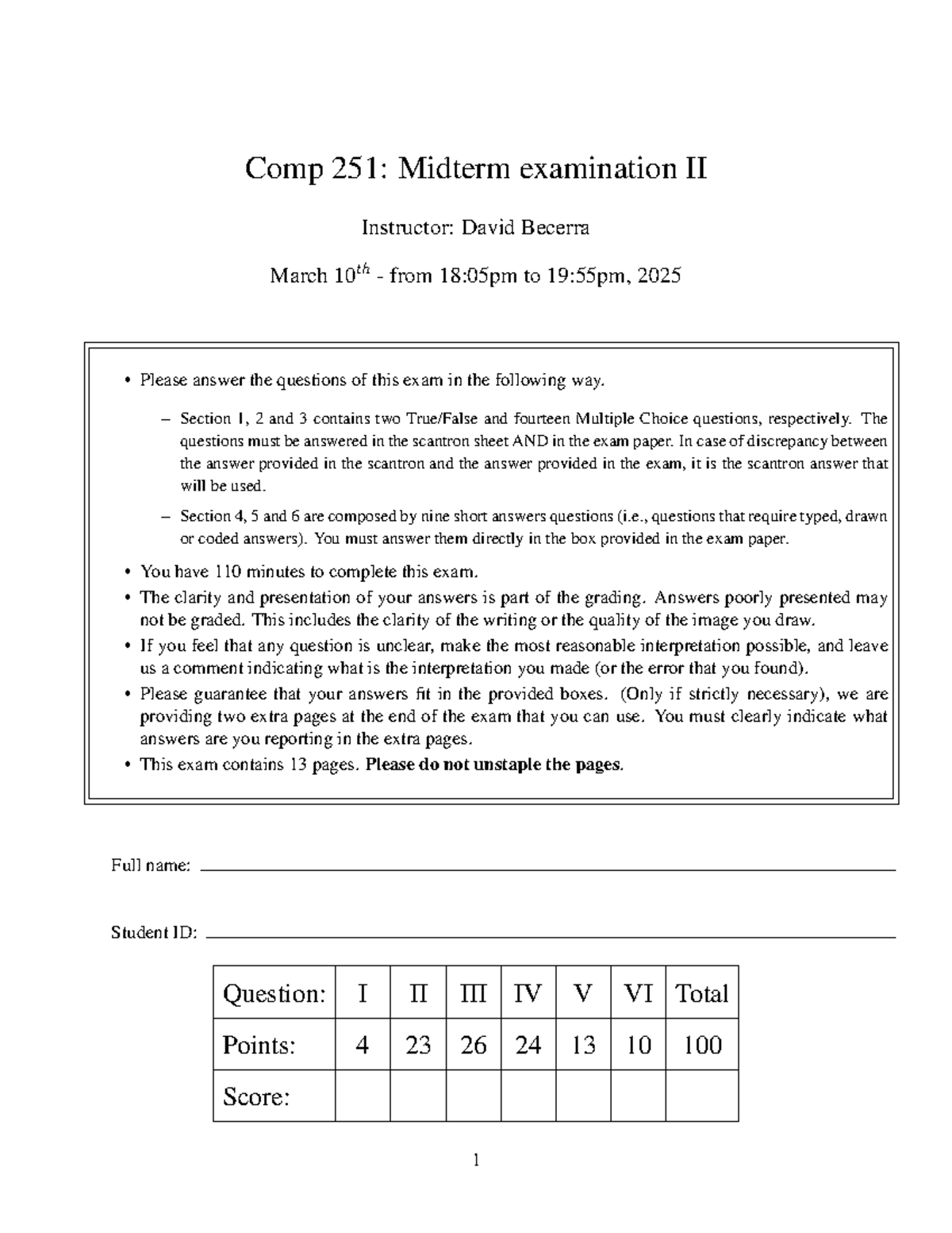 COMP 251: Midterm Exam II Guidelines and Instructions Winter 2025 - Studocu