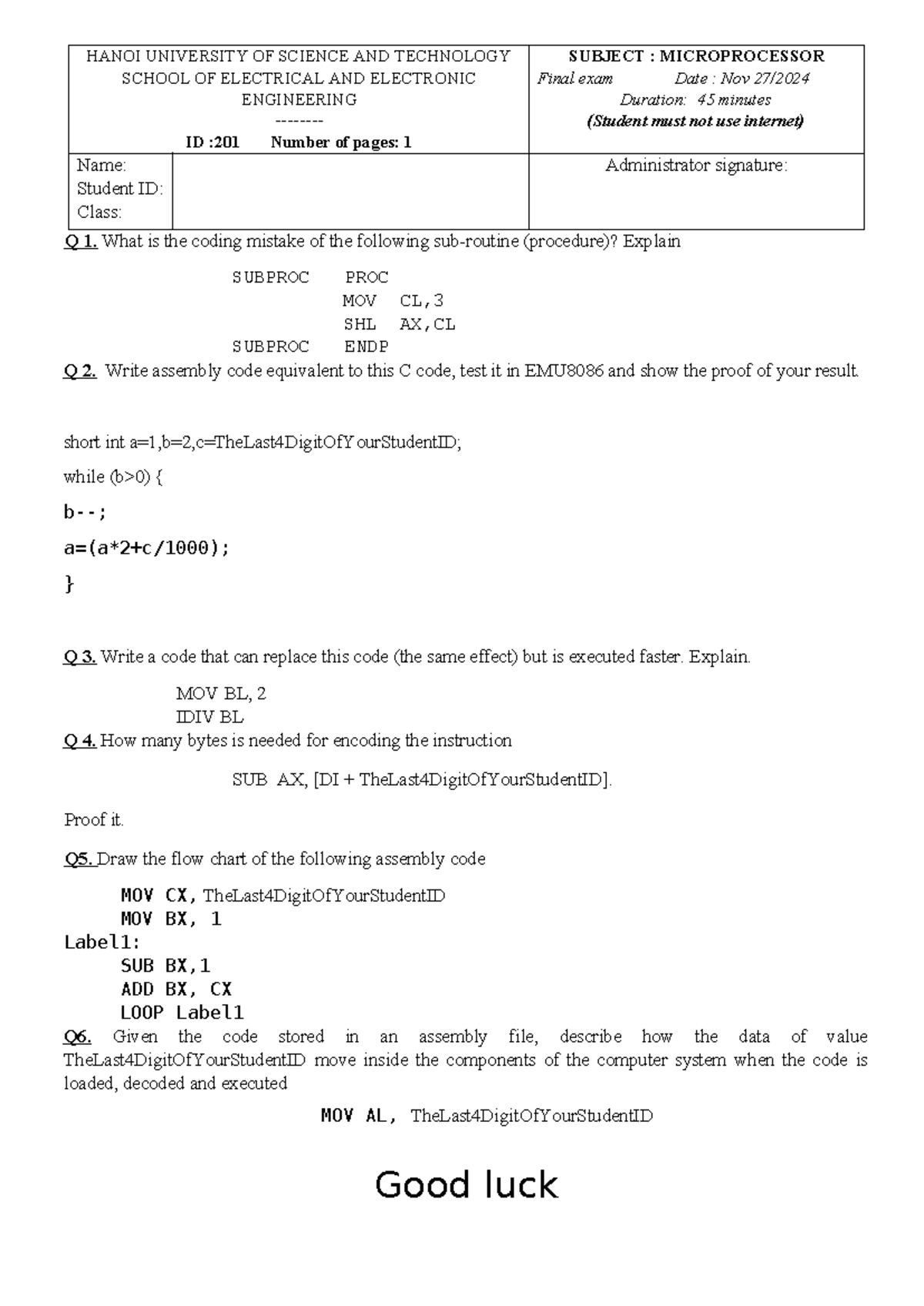 Final Exam: Microprocessor (20213910) Solutions and Analysis - Studocu