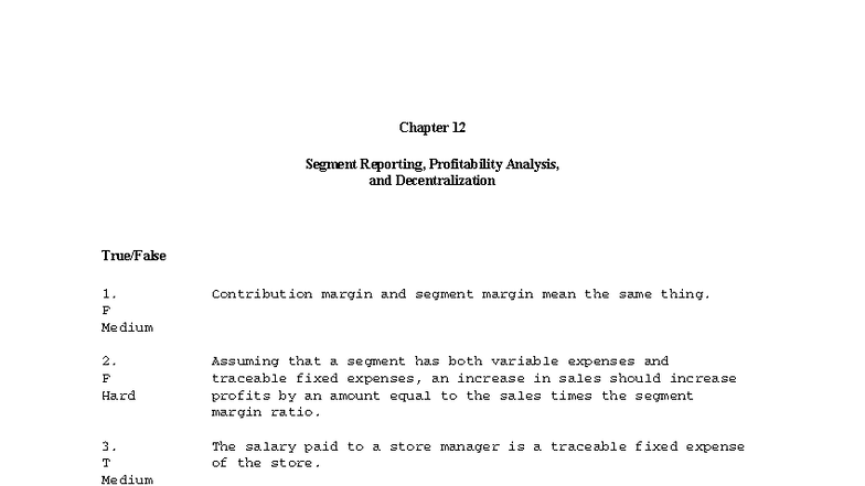 Chapter 12: Segment Reporting & Profitability Analysis (Managerial ...