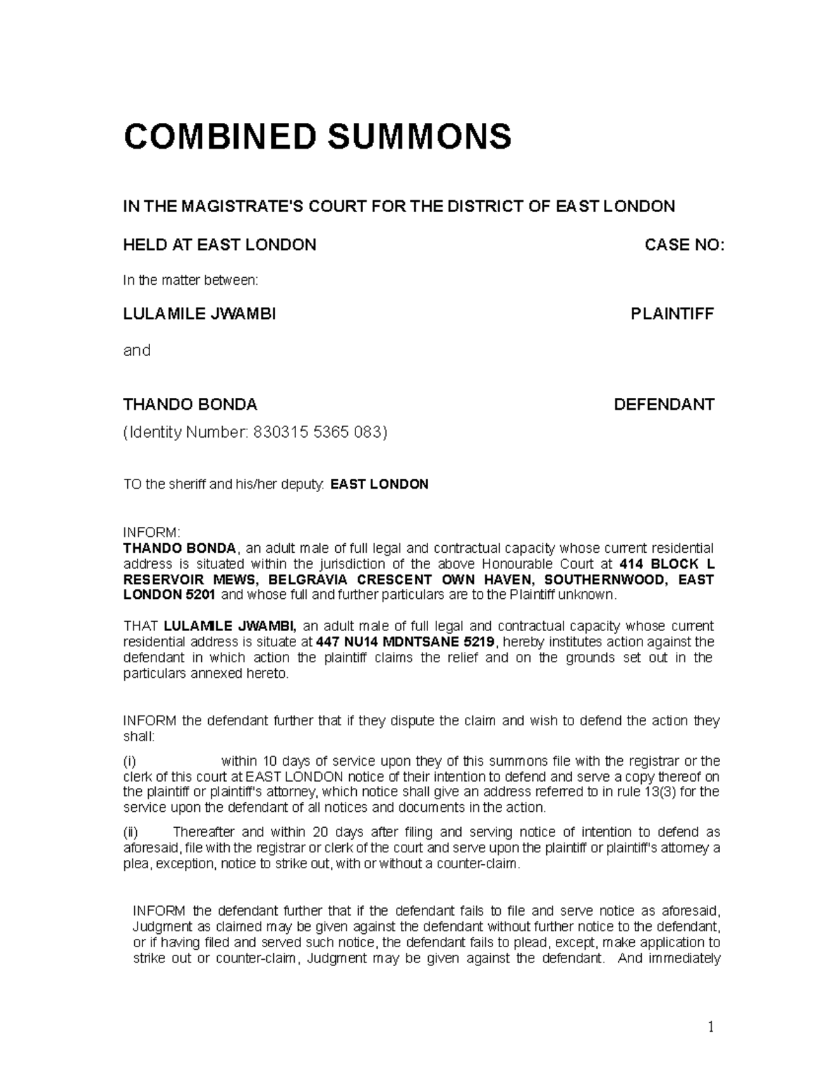 Particulars of Claim & Summons for Lulomile Jwambi vs. Thando Bonda ...