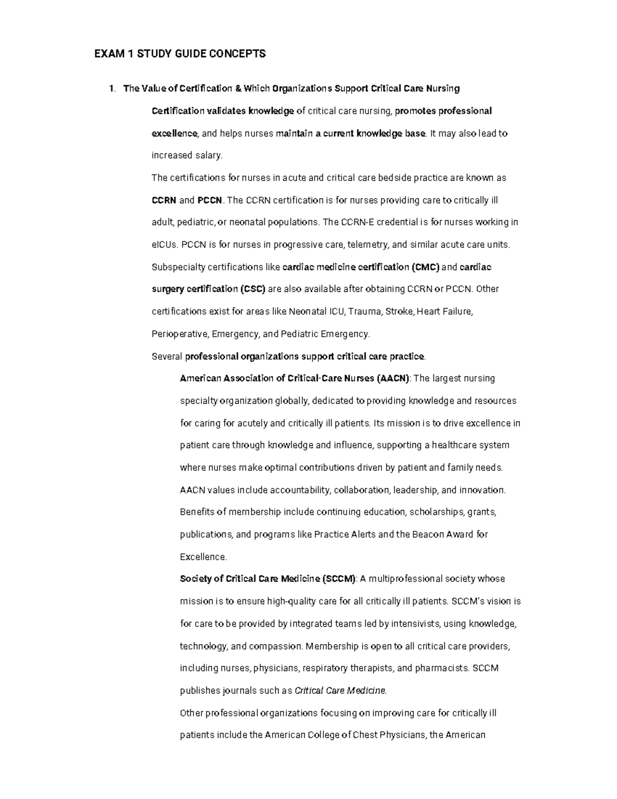 Critical Care Nursing Exam 1 Study Guide: Key Concepts & Prioritization ...