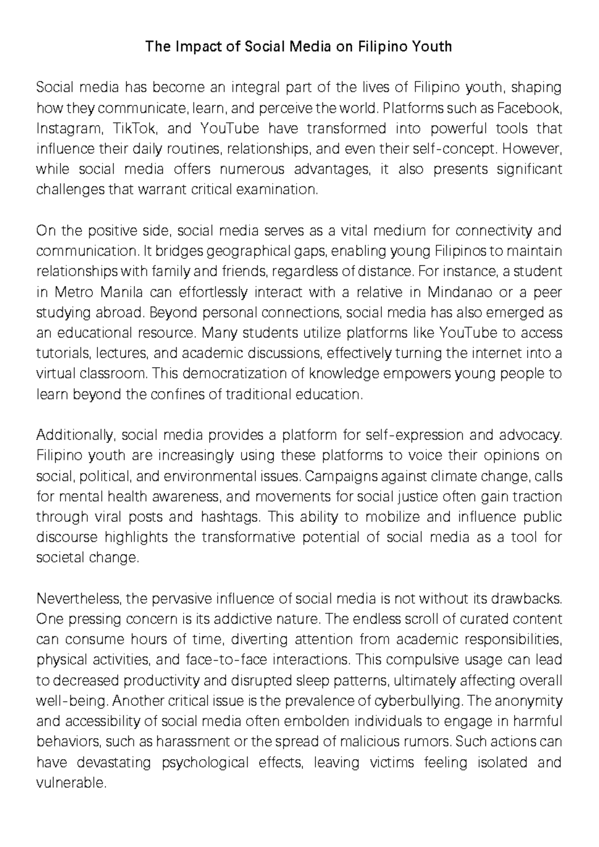 The Impact of Social Media on Filipino Youth - Essay Notes - Studocu