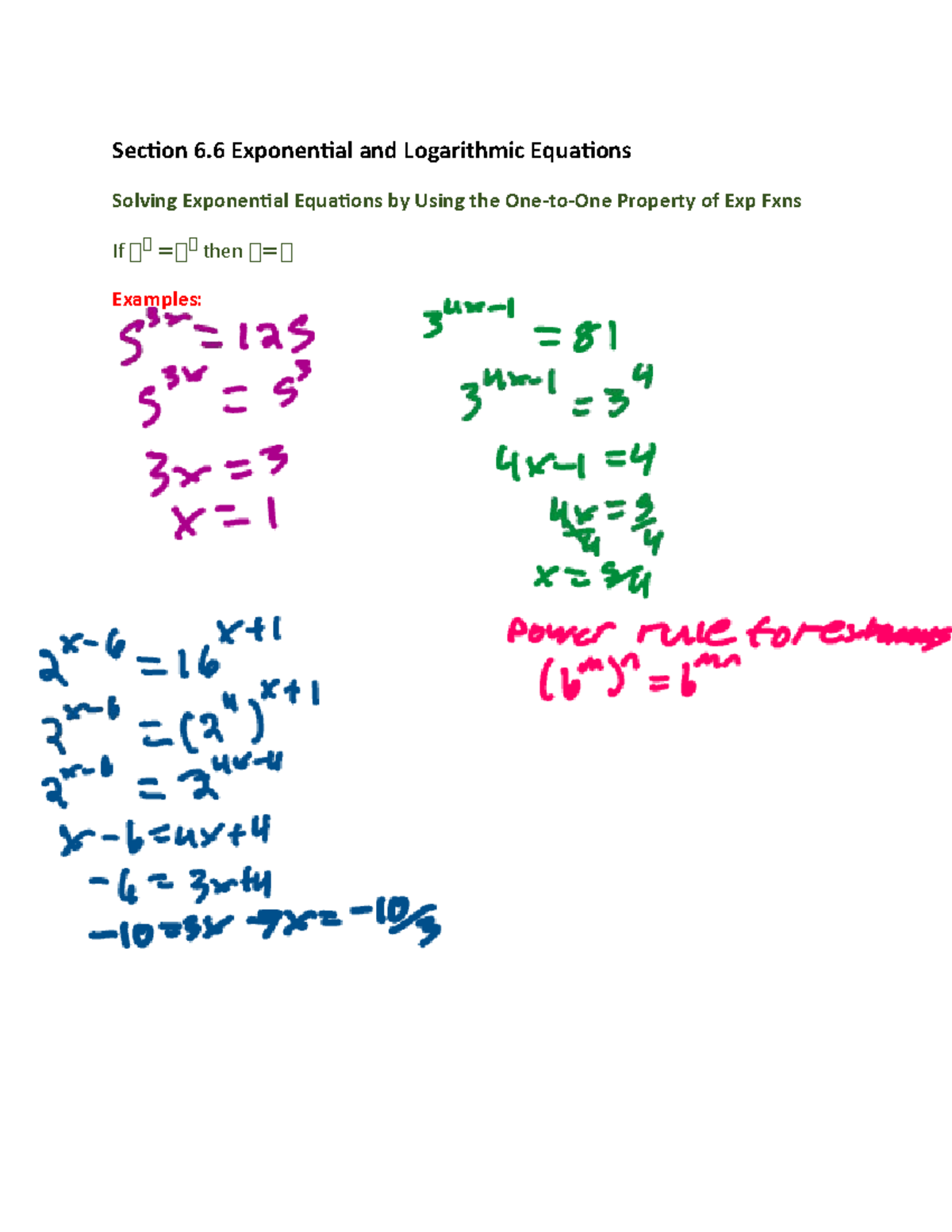 Section 6.6 Exponential and Logarithmic Equations - Section 6 ...
