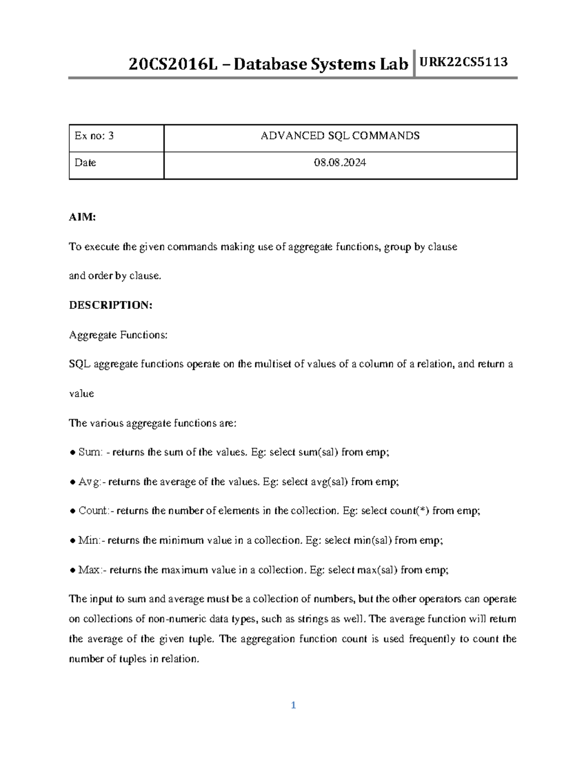 DB ex3(5113) - DBMS Laboratory Experiment no3 - Ex no: 3 ADVANCED SQL ...