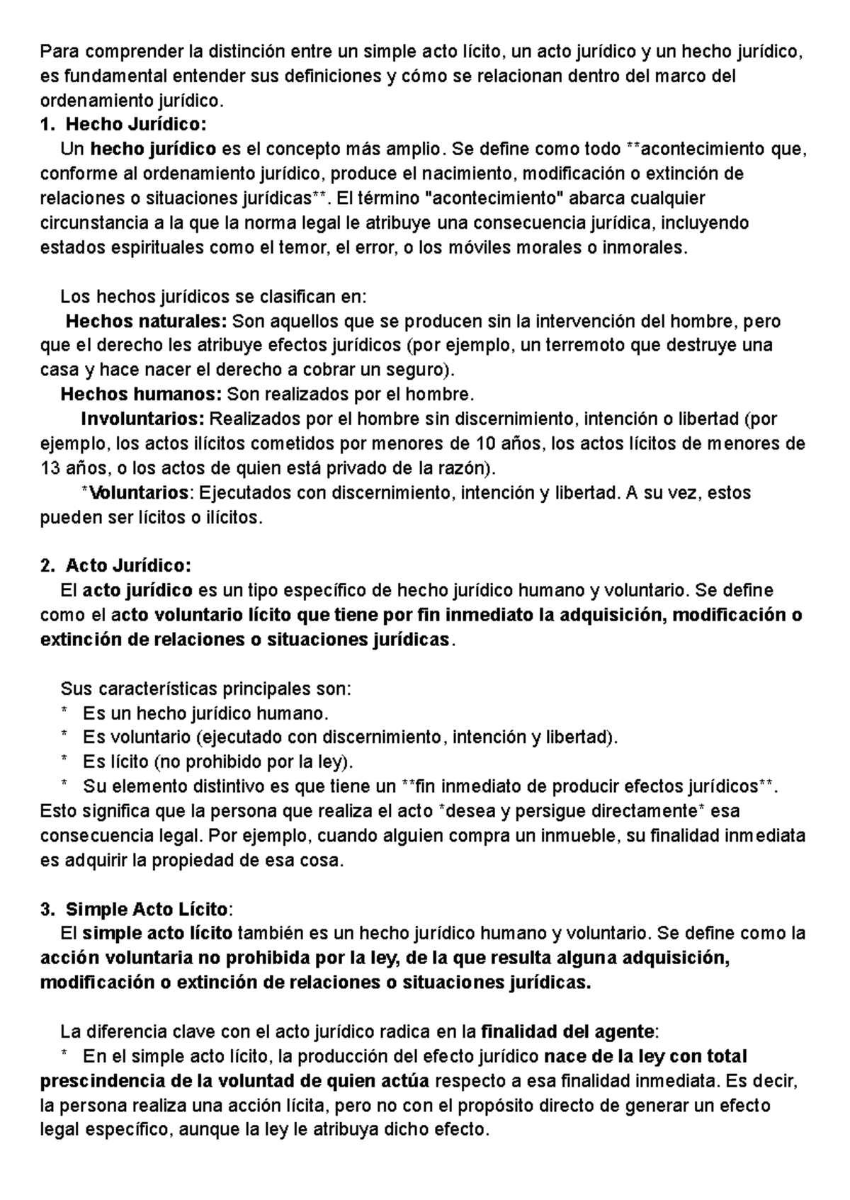 Distinción entre Acto Lícito, Acto Jurídico y Hecho Jurídico - Studocu