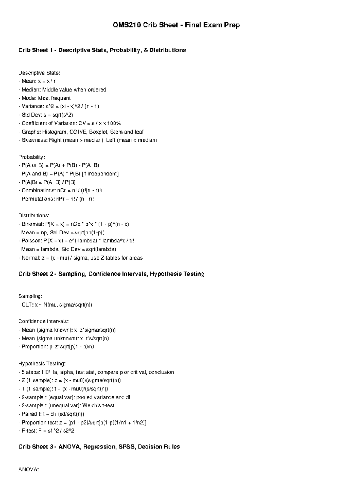 QMS210 Final Exam Crib Sheet: Stats, Probability & Hypothesis Testing ...