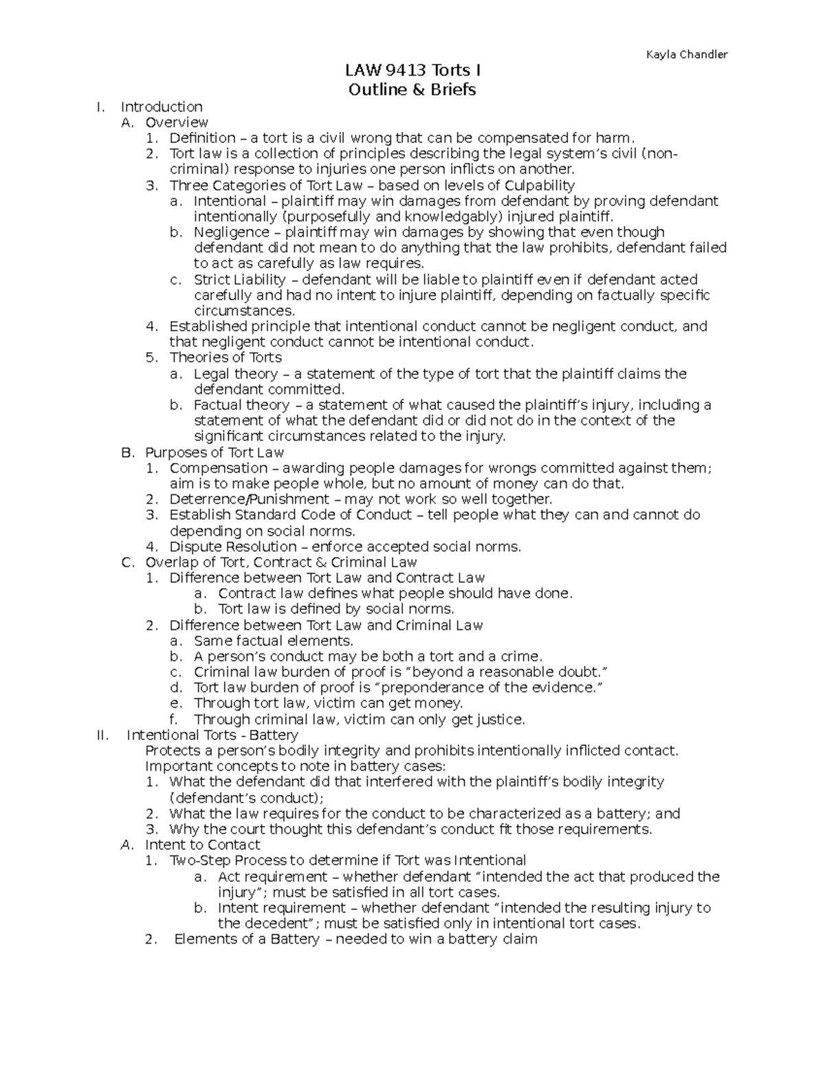 LAW 9413 Torts I Outline & Briefs: Key Concepts & Intentional Torts ...