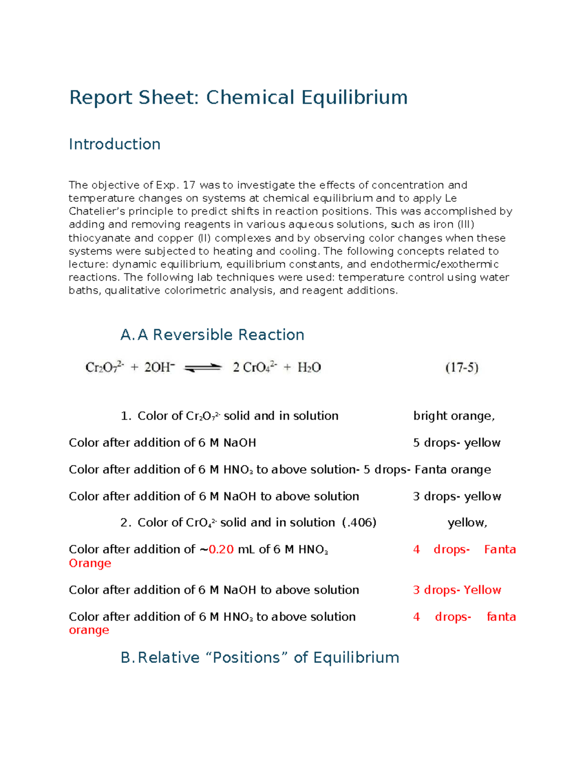 Experiment 17: Chemical Equilibrium Analysis and Observations - Studocu