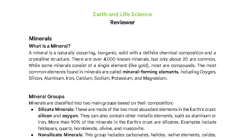 Earth and Life Science Reviewer: Understanding Minerals and Geological ...