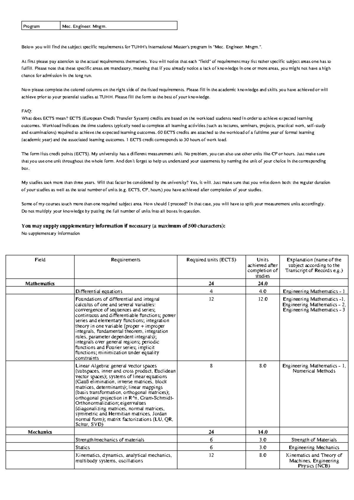 Master's Program ECTS Requirements: Mec. Engineer. Mngm Guide - Studocu