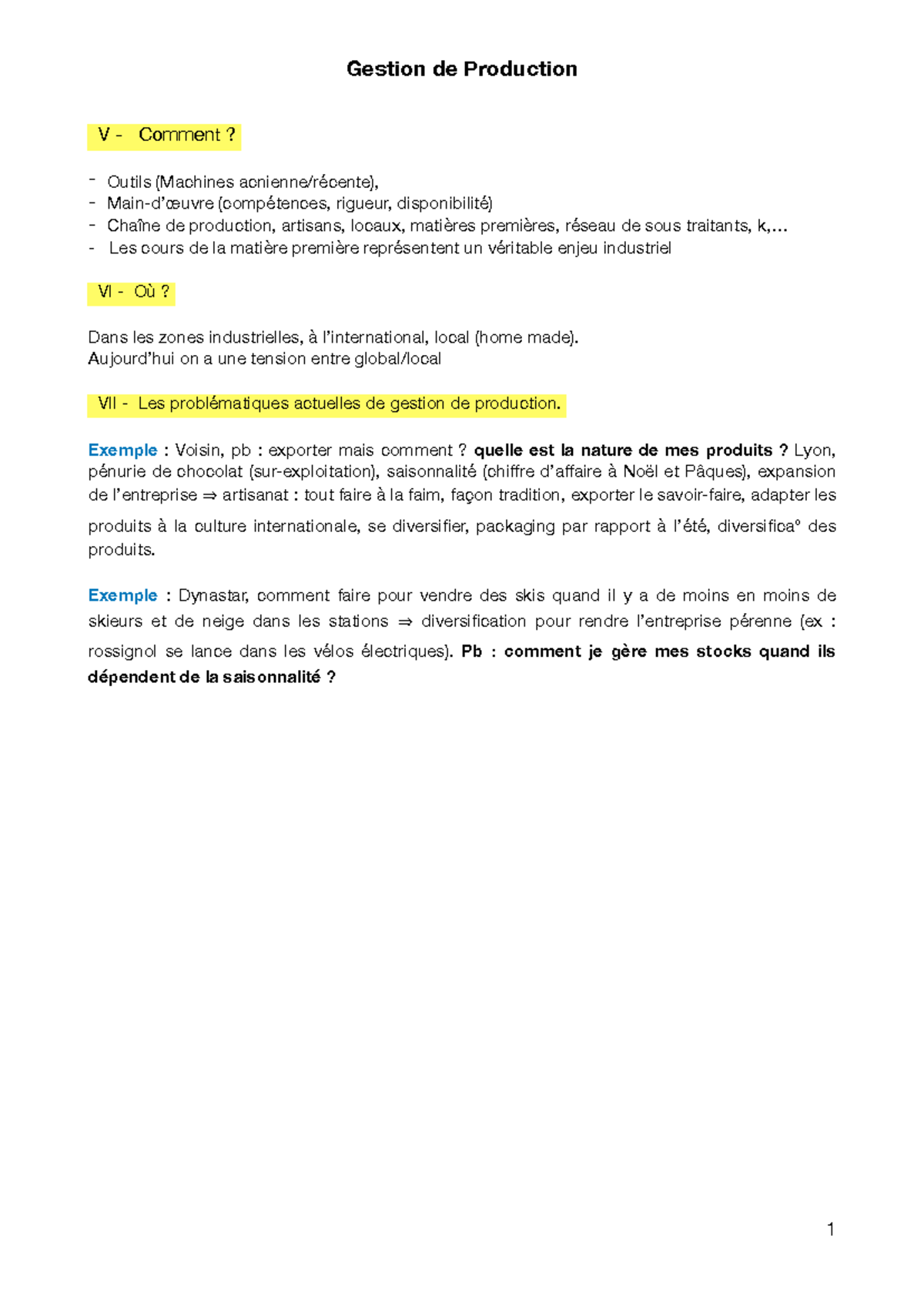 Gestion de Production - Cours et Notes de Chapitre 1 - Studocu