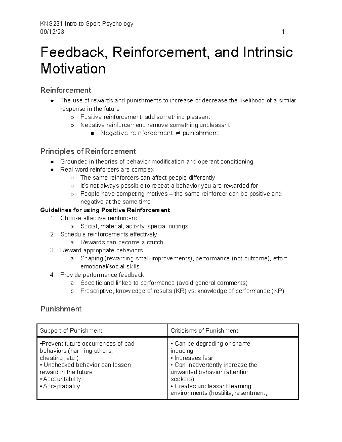 KNS231 091223 - Notes - 09/12/23 1 Feedback, Reinforcement, and ...