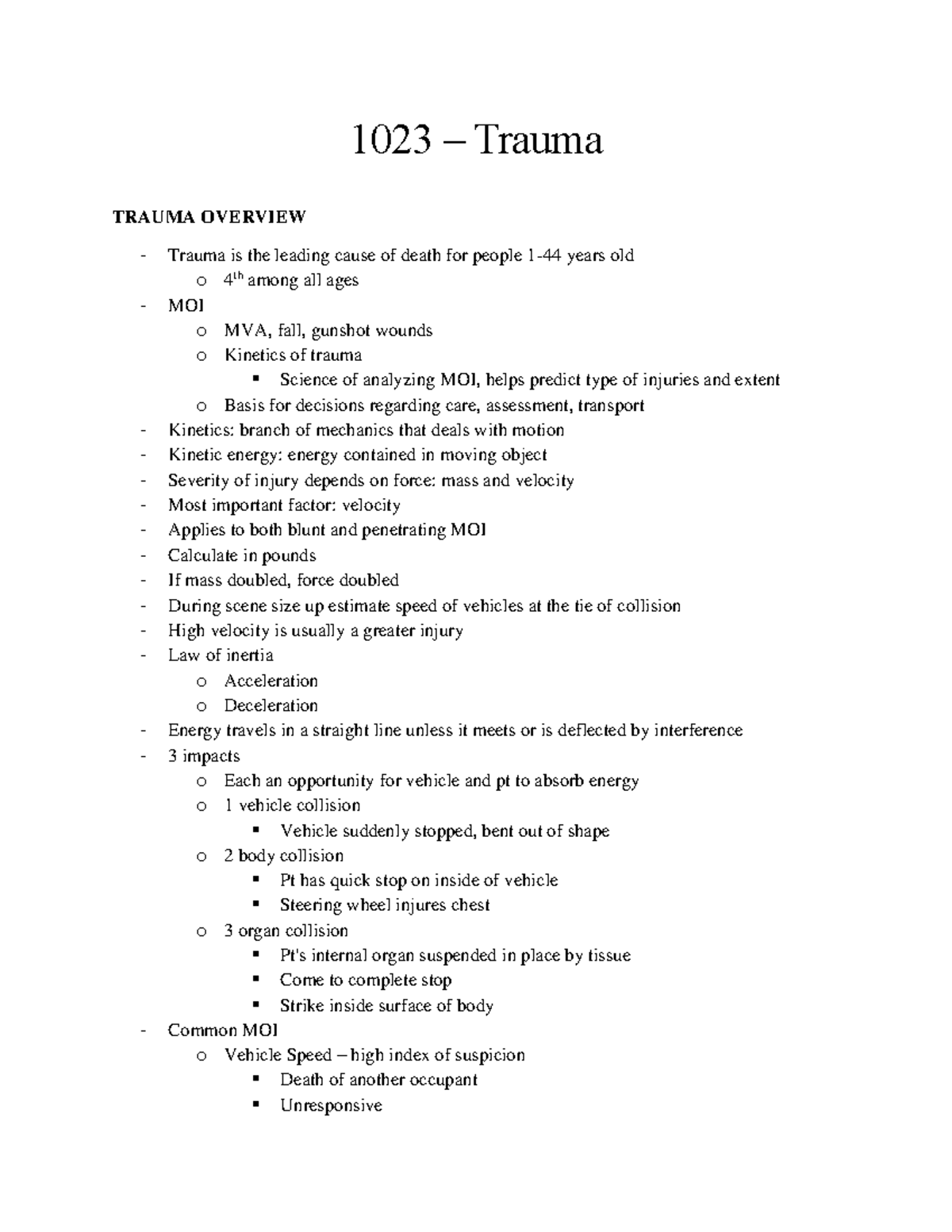 1023 - Final Exam Notes on Trauma Overview and Management - Studocu