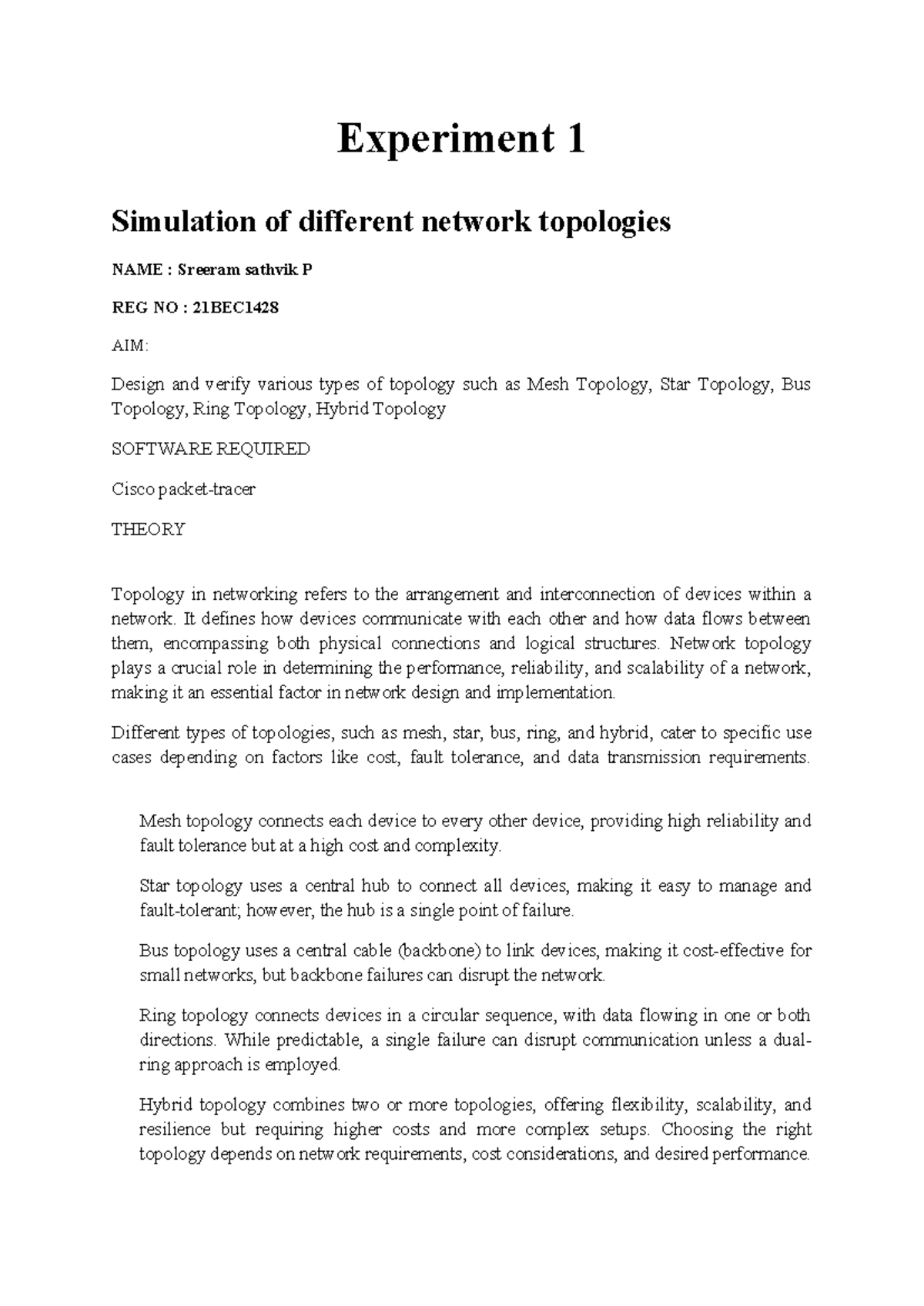 21bec1428 ccnlab-1 - Notes ccn lab - Experiment 1 Simulation of ...