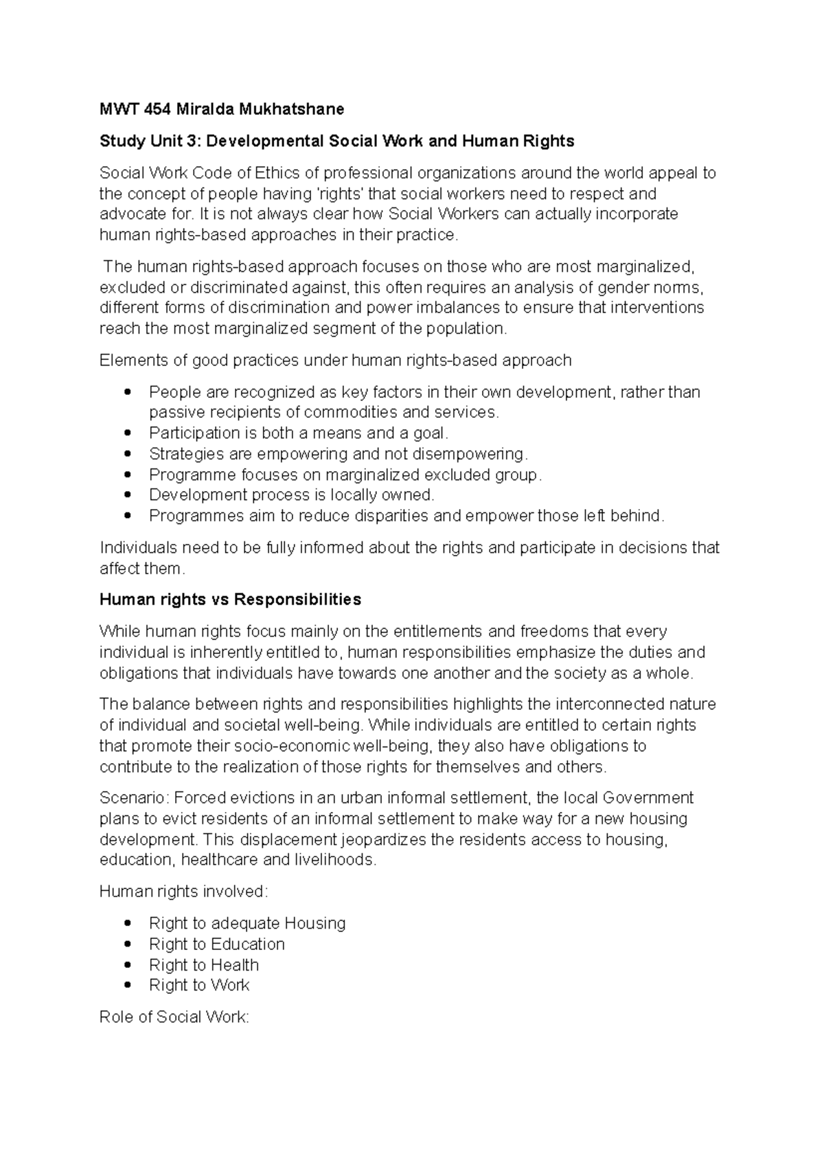 MWT 454 Short Notes: Developmental Social Work & Human Rights Summary ...