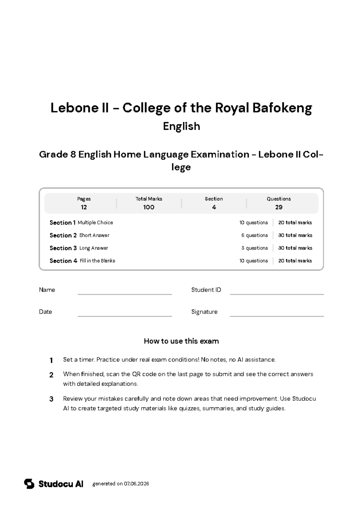 Grade 8 English Home Language Exam - Lebone II College - Studocu