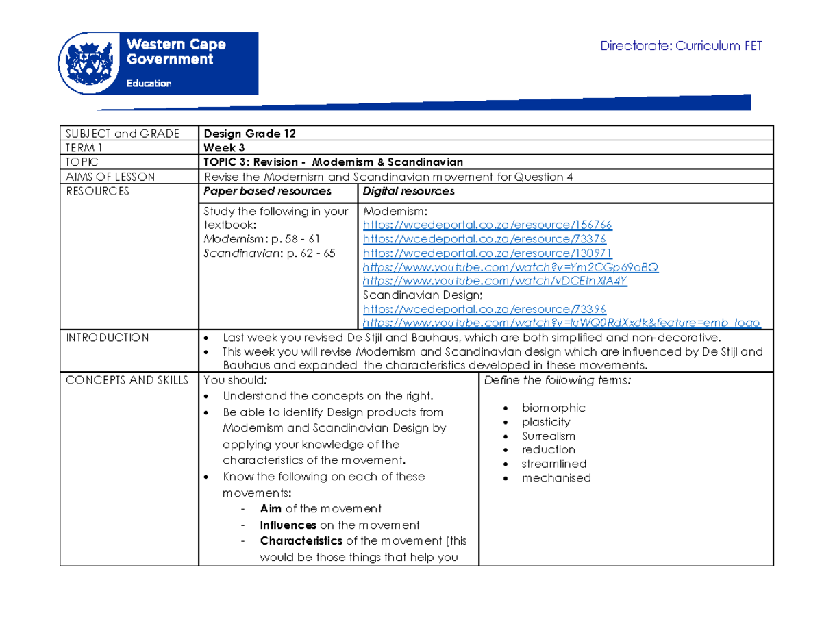 Design Grade 12 T1 W3: Modernism & Scandinavian Revision Notes - Studocu