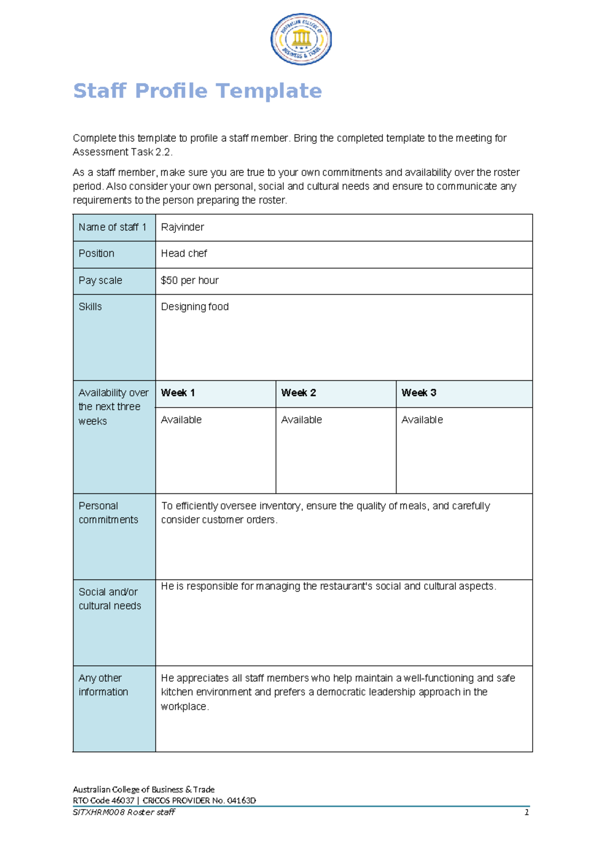 Sitxhrm 008 Staff Profile Template - Staff Profile Template Complete ...