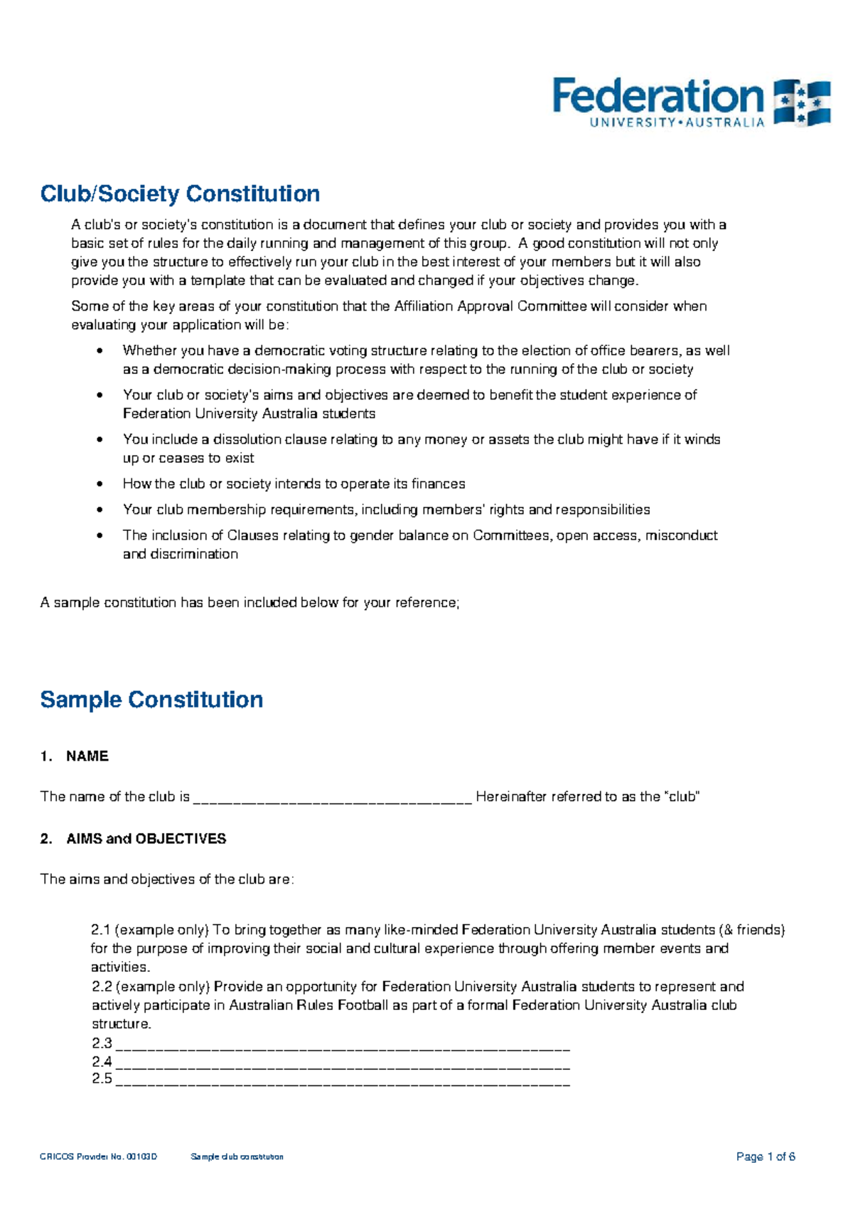 Federation University Club Constitution Template - Studocu