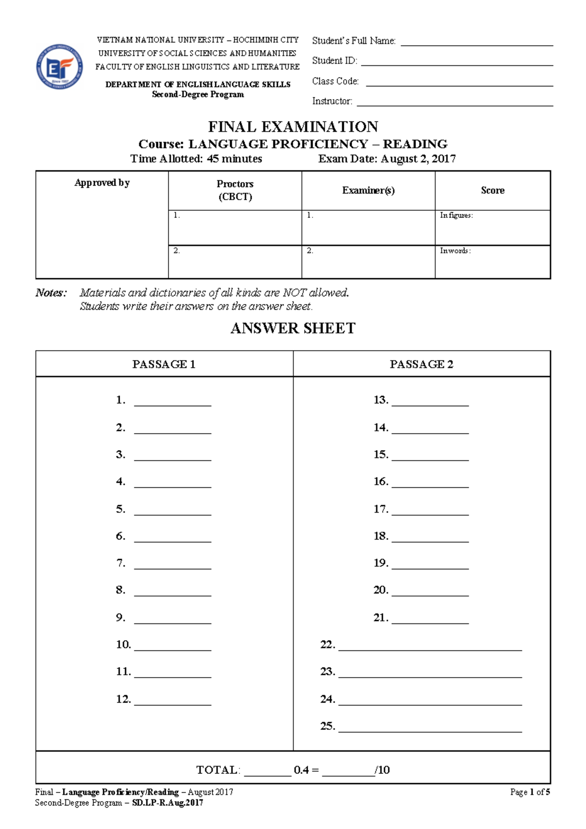 SD - Final Exam - Language Proficiency/Reading - Aug 2017 - Studocu