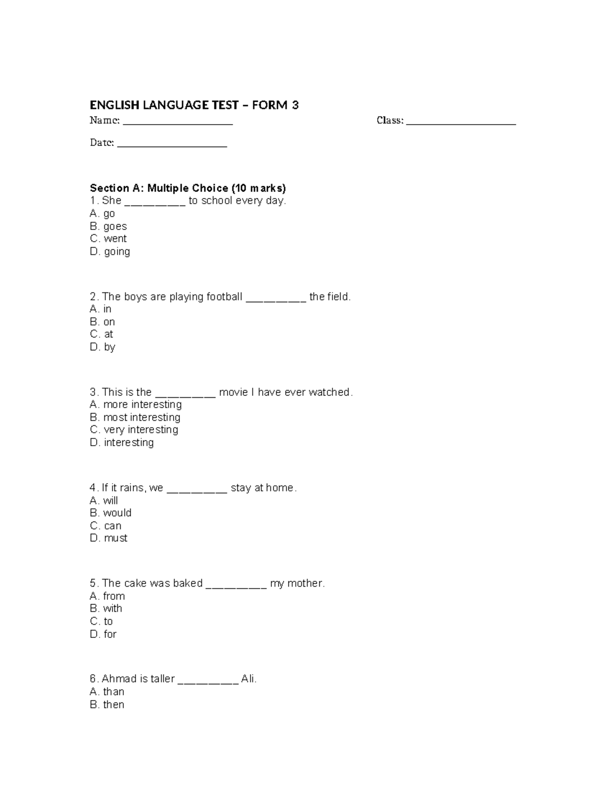Form 3 English Language Test: Short Assessment - Studocu
