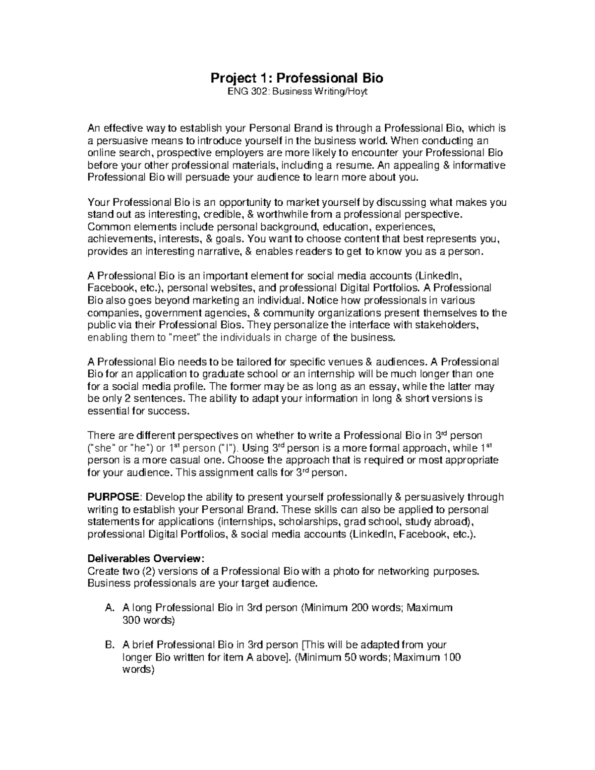 ENG 302: Project 1 - Crafting Your Professional Bio for Branding - Studocu