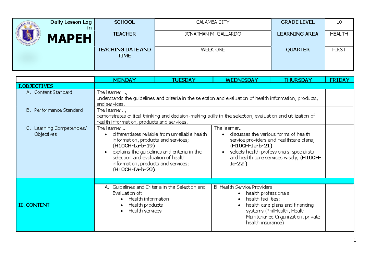 Q1 G10 MAPEH Health Daily Lesson Log - Week 1 - Studocu