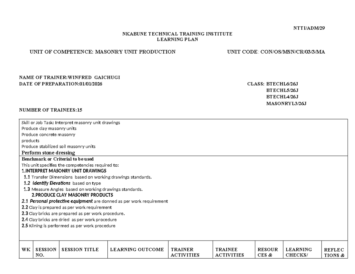 Masonry Unit Production Learning Plan - NKABUNE TTI - Studocu
