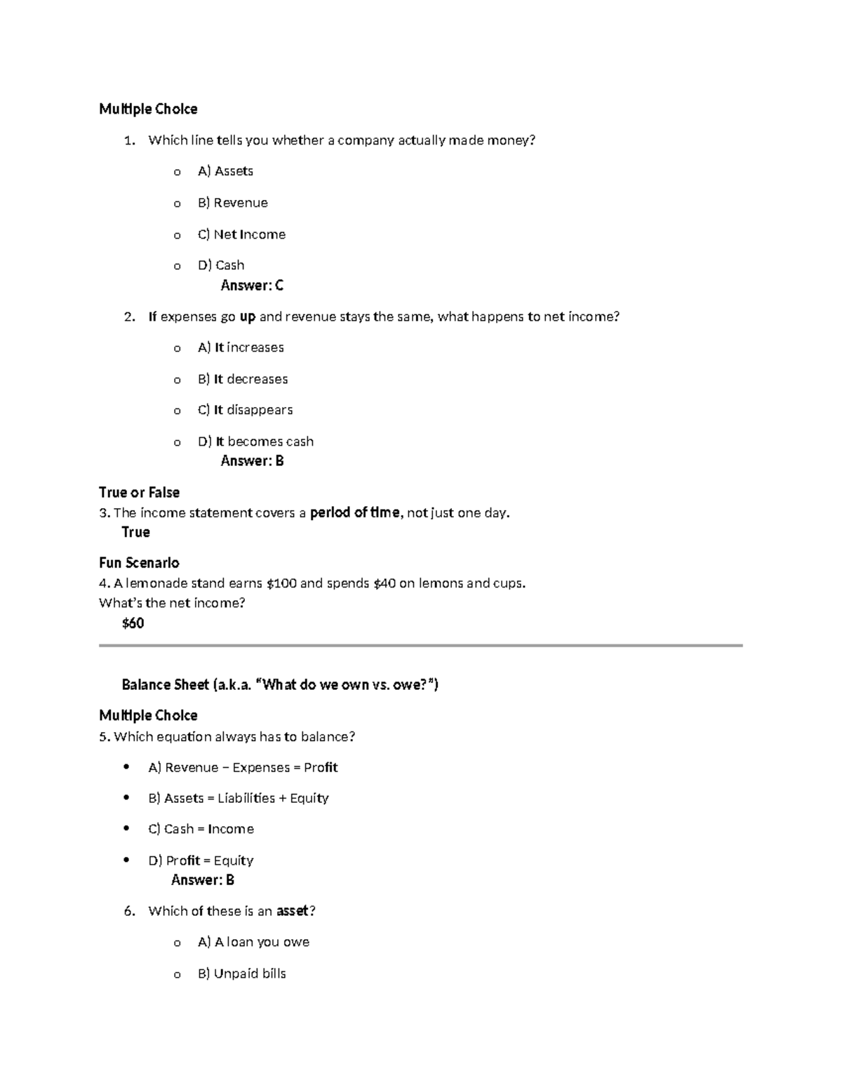 FMA - Quiz 2: Revision Questions on Financial Statements - Studocu