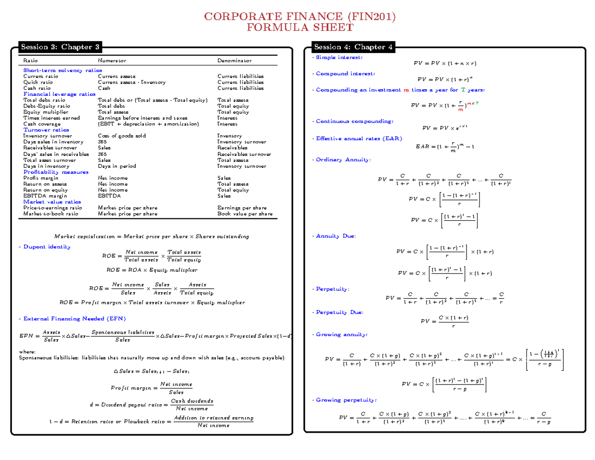 CF Formula Sheet for Corporate Finance (FIN201) - Key Formulas and ...