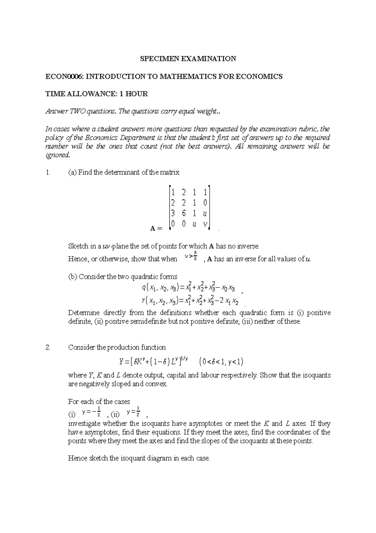 ECON0006 Specimen Exam: Matrices & Production Functions Practice Qs ...