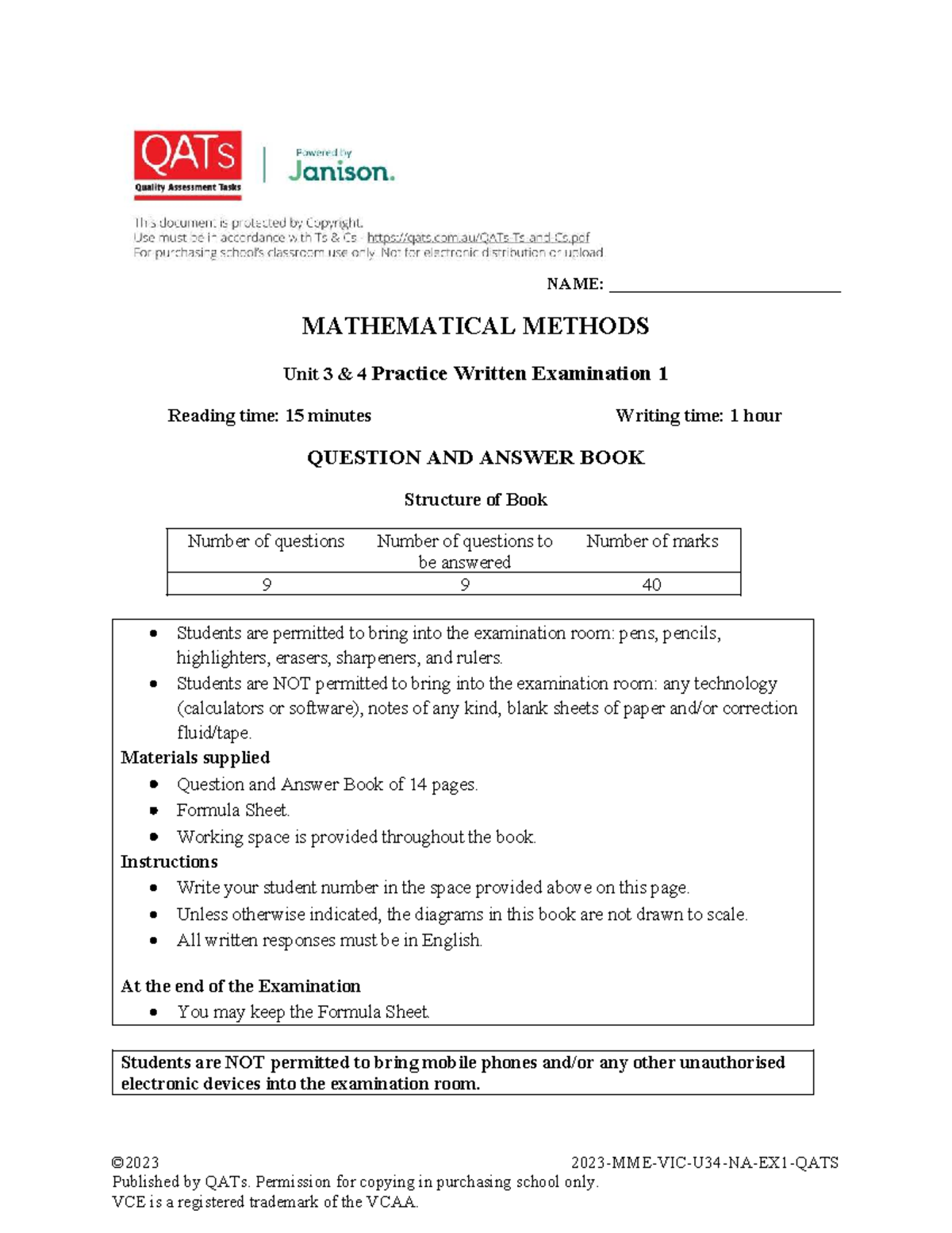 VCE Mathematical Methods Practice Exam 1, Units 3 & 4 - Studocu