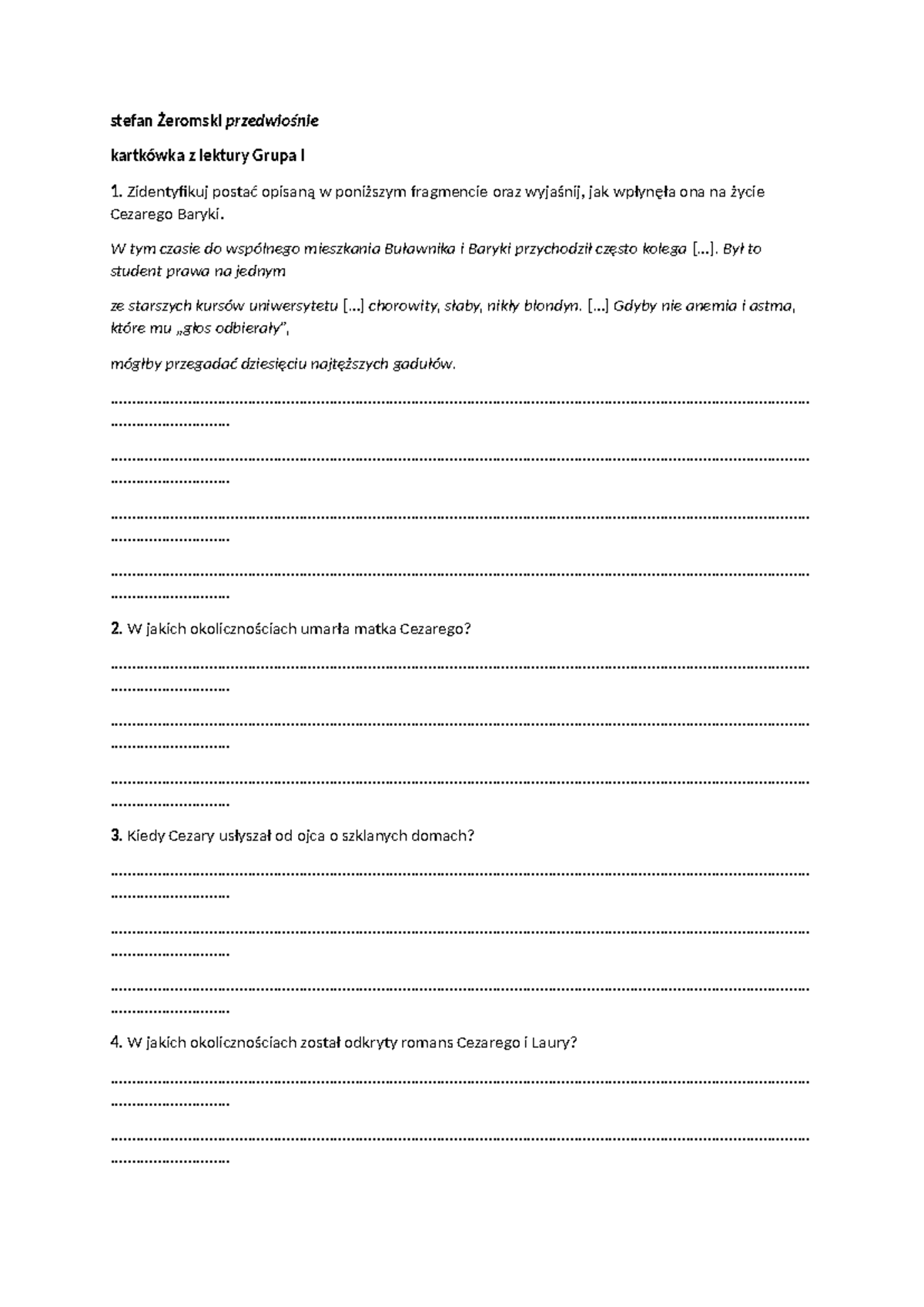 Latarnik Sprawdzian Po Omówieniu Lektury www.studocu.com