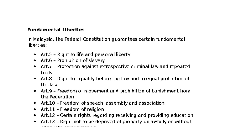 Fundamental Liberties in Malaysia: Constitutional Rights Overview - Studocu