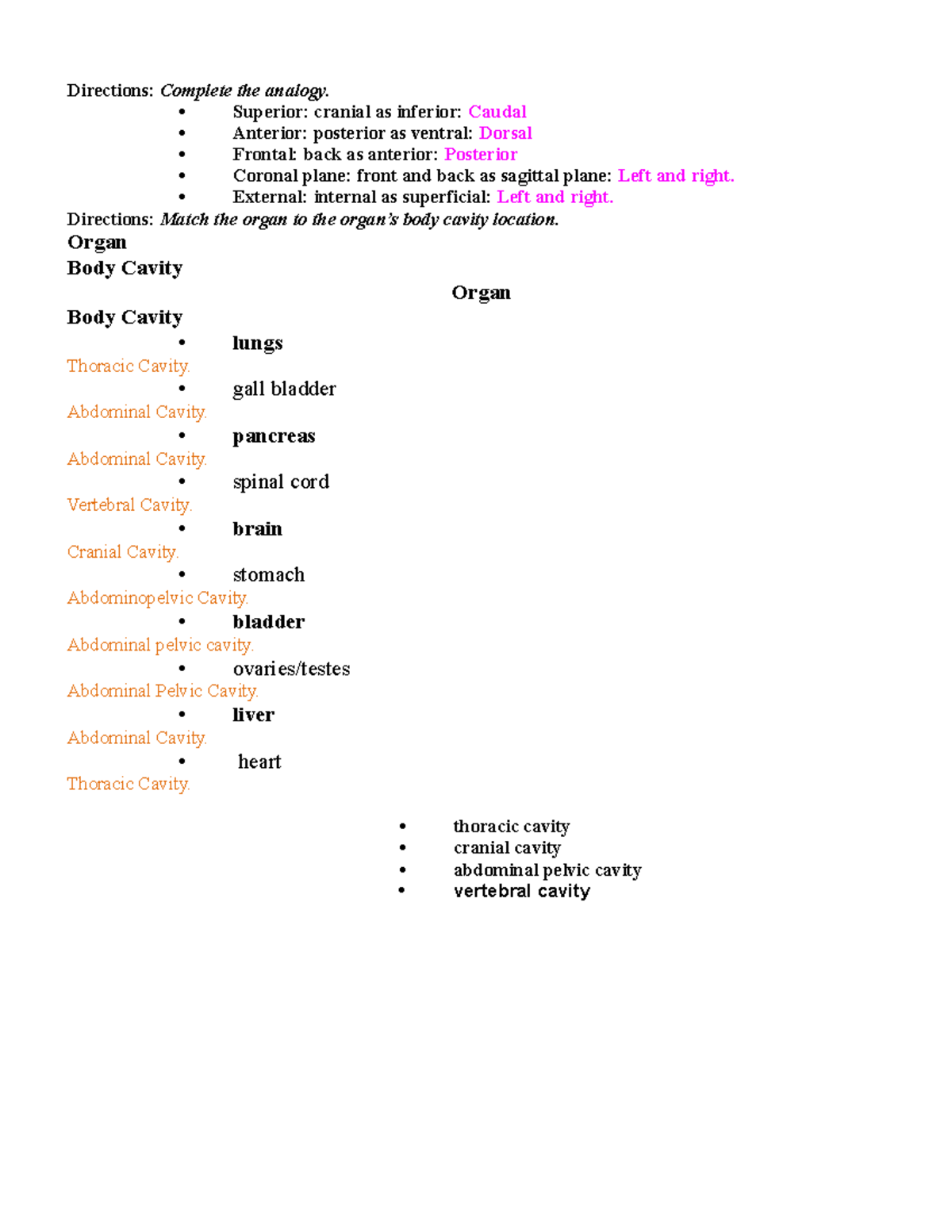 Module 1 - Anatomical Terminology Worksheet - Directions: Complete the ...