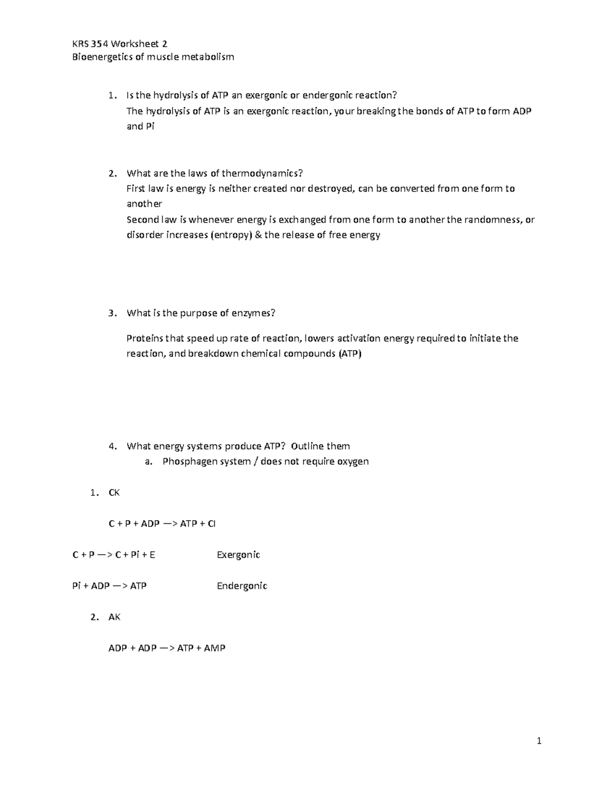 KRS 354 Worksheet 2: Bioenergetics of Muscle Metabolism & ATP - Studocu