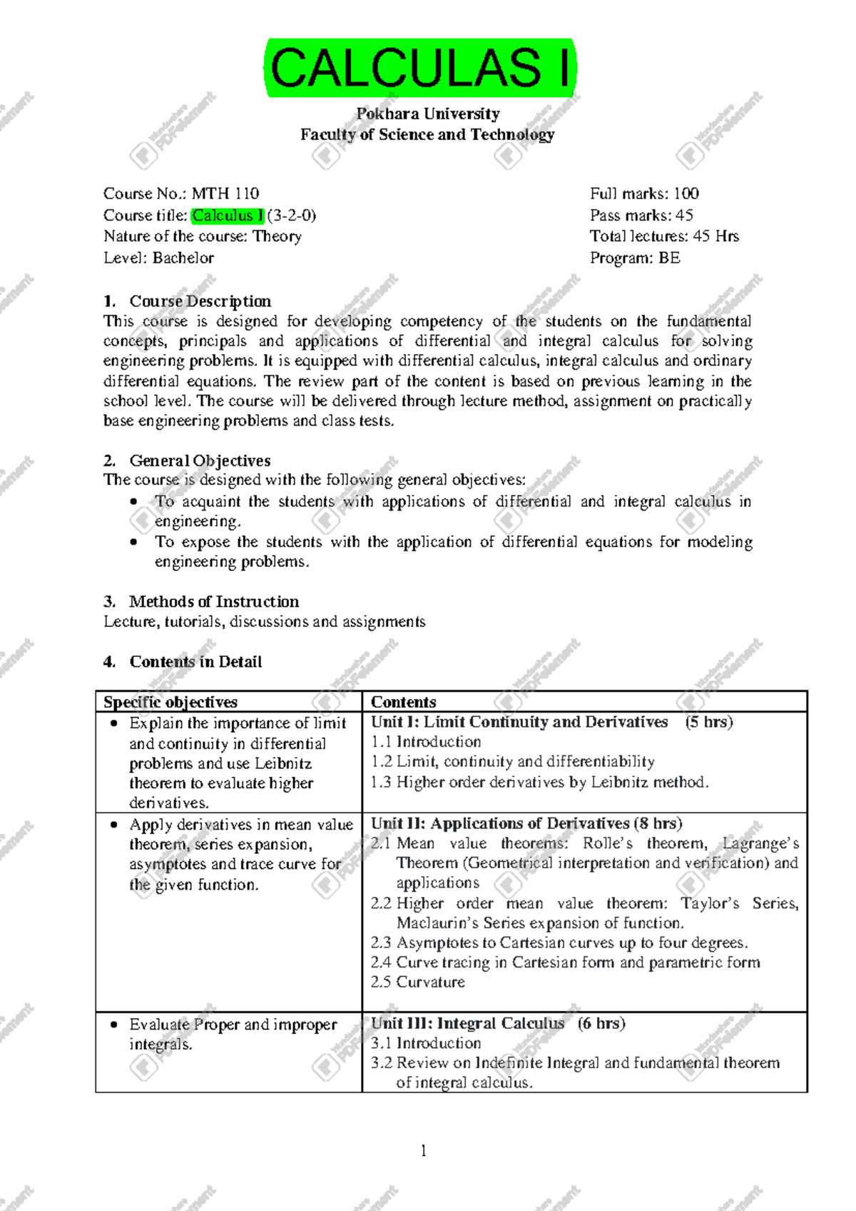 Calculus I Syllabus Overview - MTH 110 - Pokhara University - Studocu