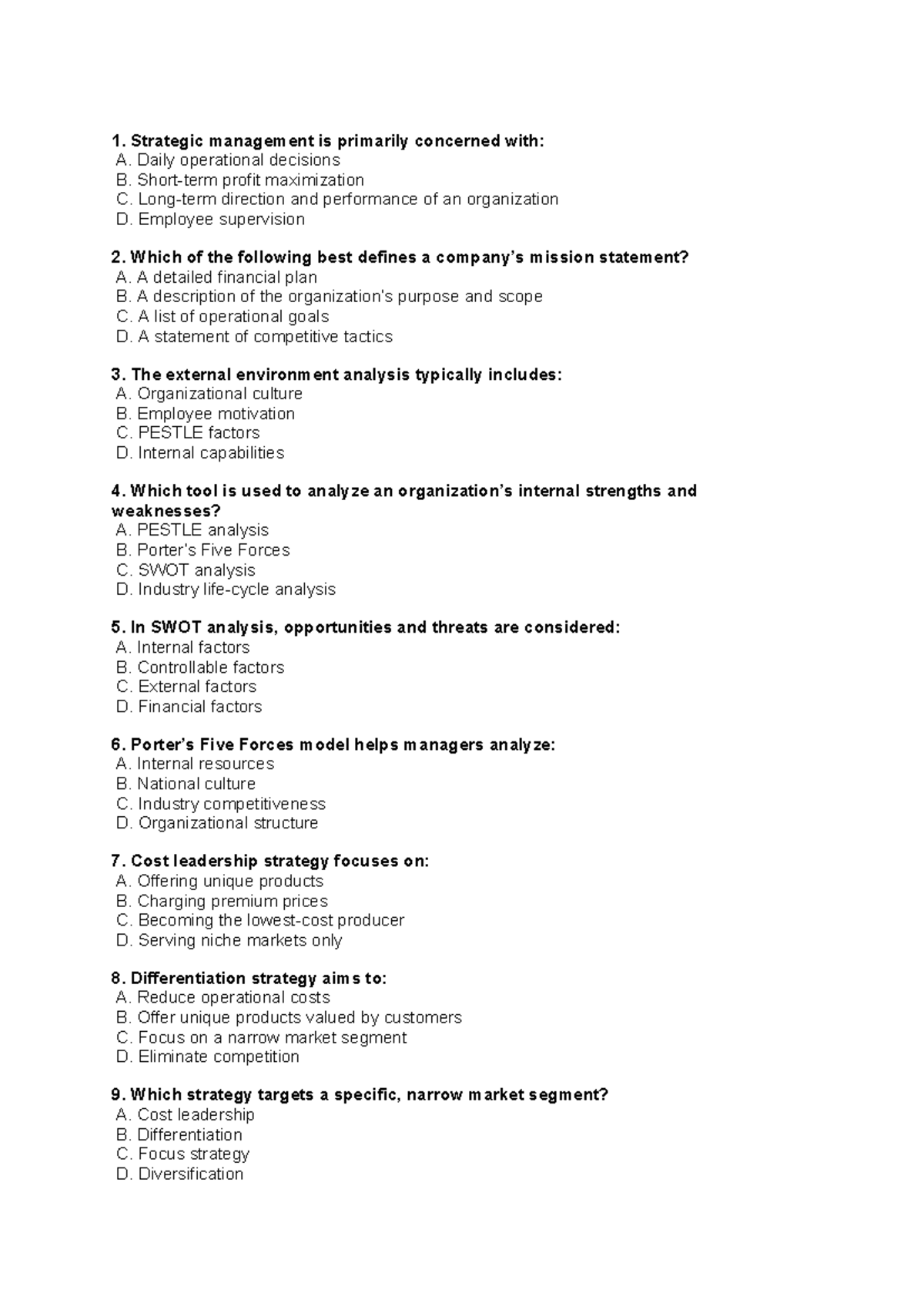 Strategic Management Quiz Questions and Answers - Studocu