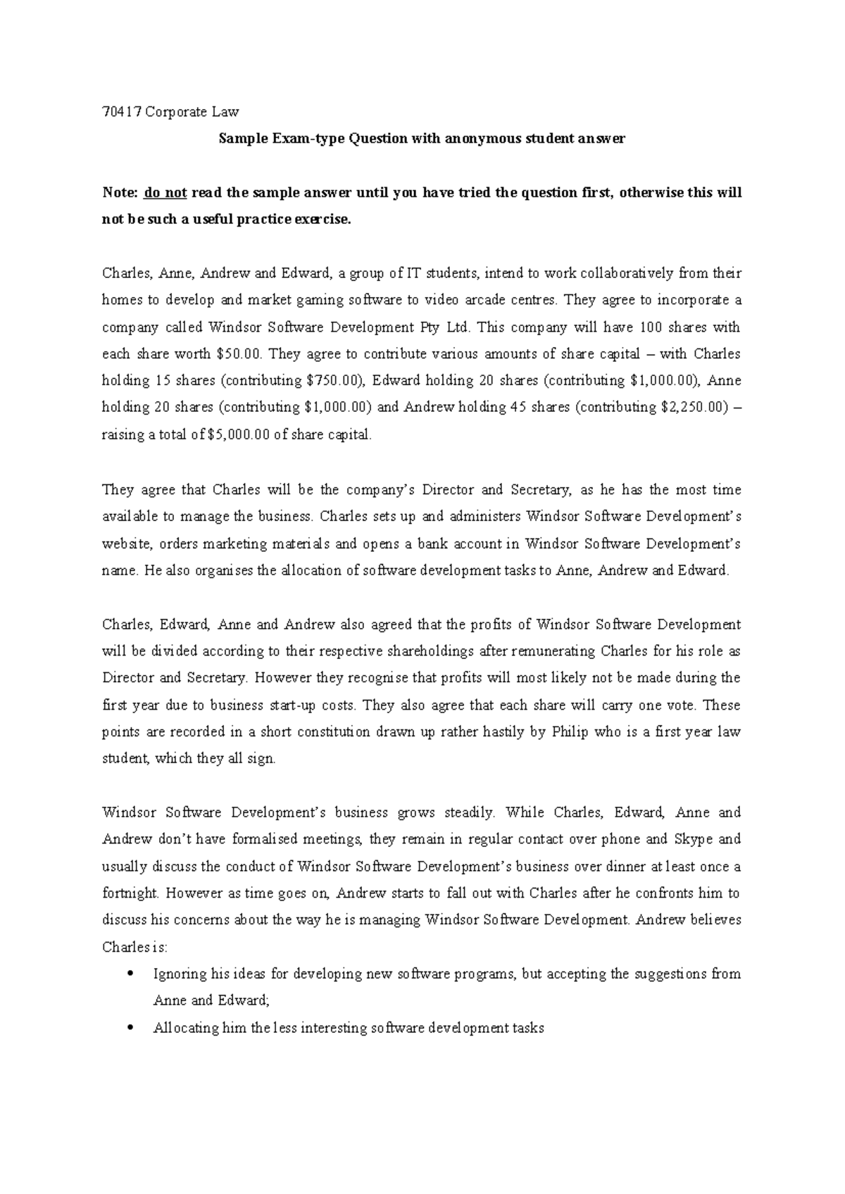 Aut 2024 Corporate Law sample Exam question with anon student answer ...