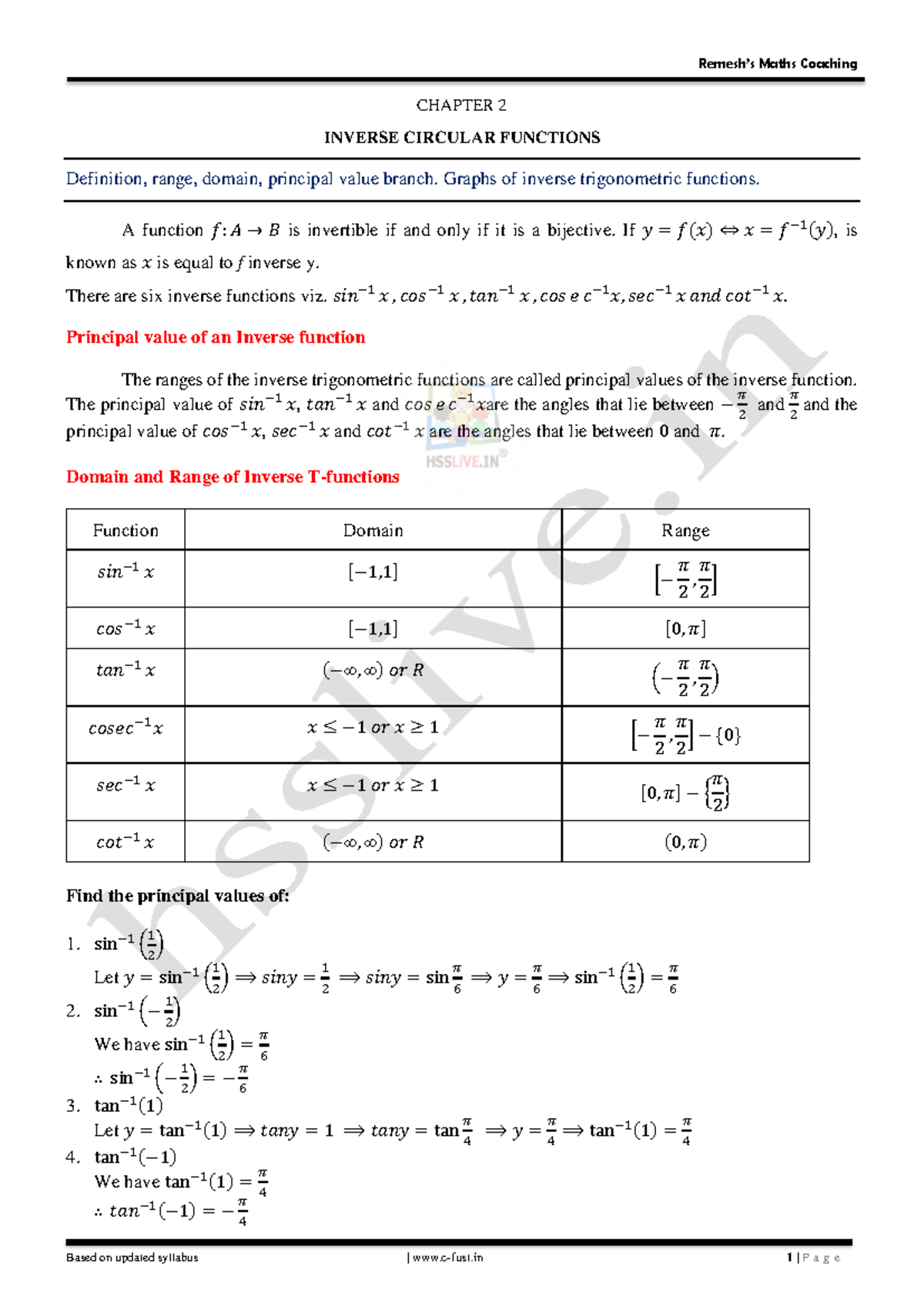 Hsslive XII Maths CH2 Inverse Trigonometric Functions Notes - Studocu