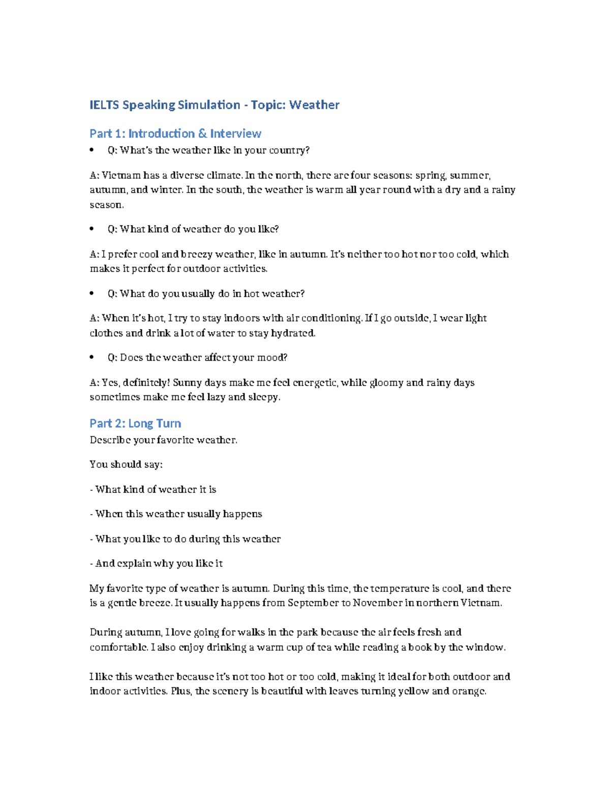 IELTS Speaking Simulation: Weather Insights and Preferences - Studocu