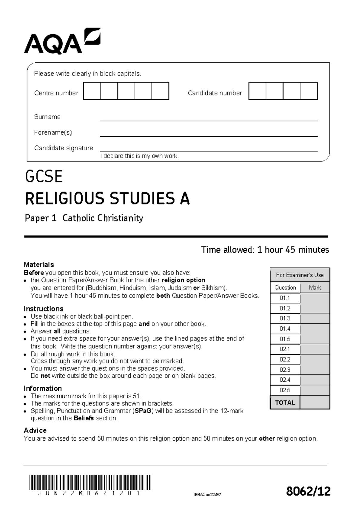 AQA 806212 GCSE Religious Studies A Paper 1: Catholic Christianity Exam ...
