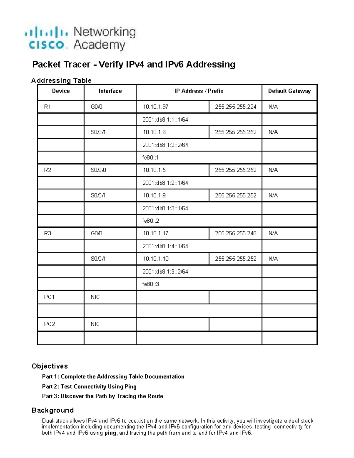 Packet Tracer: Verifying IPv4 & IPv6 Addressing Table - Studocu