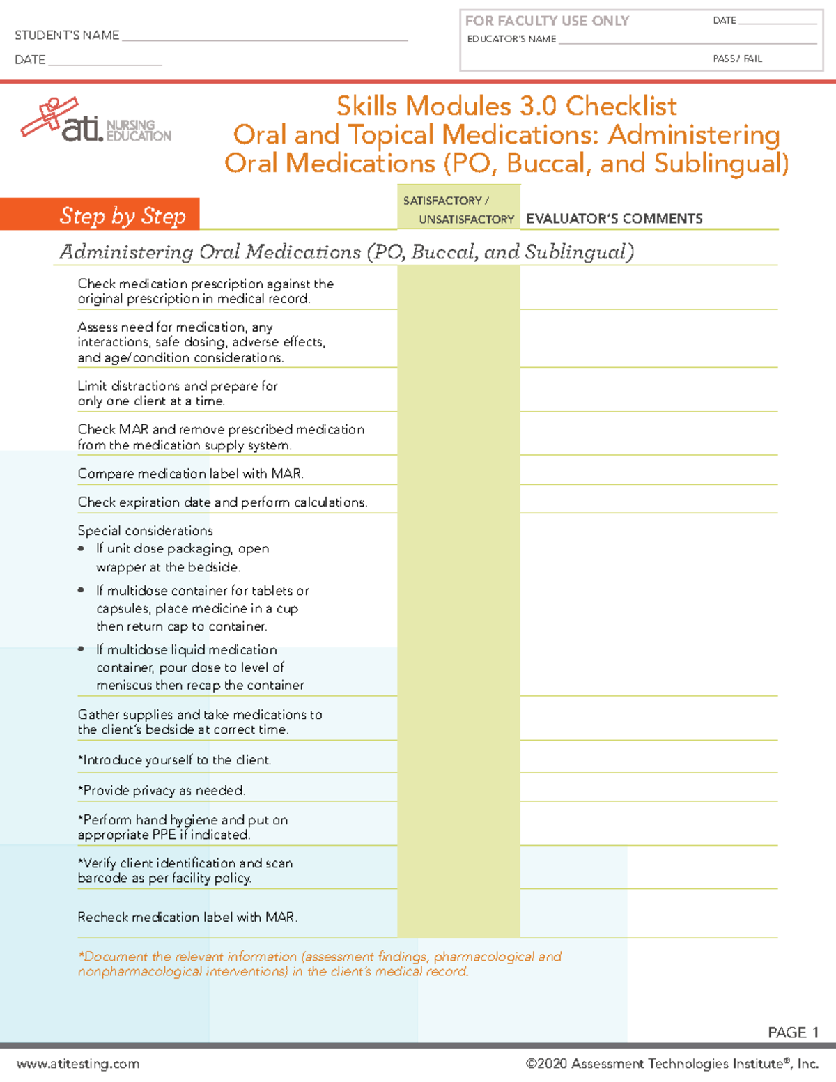 NURSING EDUCATION Skills Checklist for Oral Medications (PO) - Studocu
