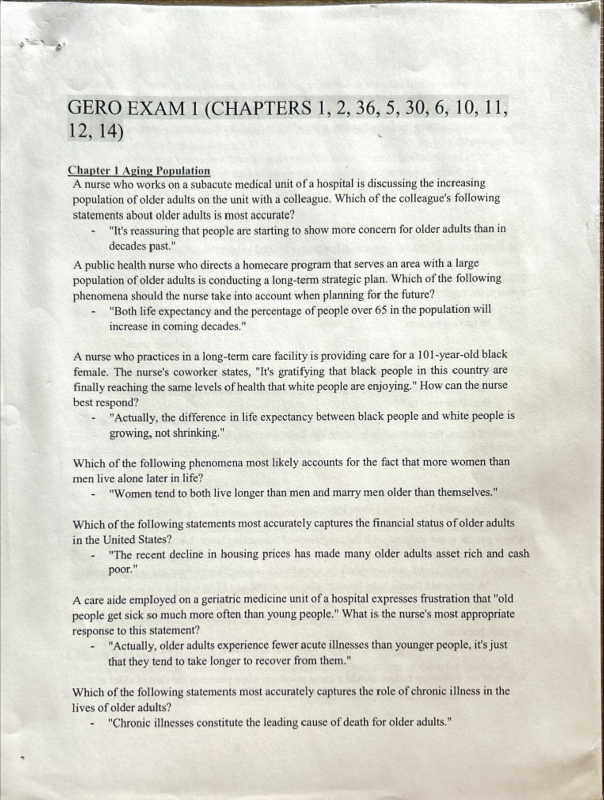 GERO 101 - Exam 1 Practice Questions on Aging and Health - Studocu