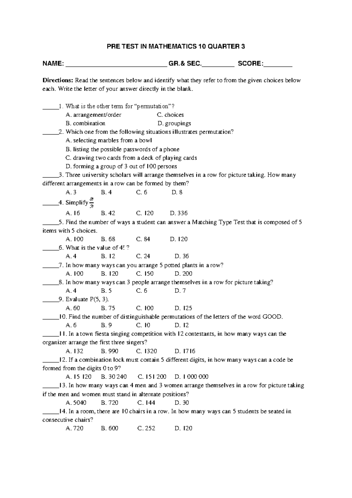G10 MATH Q3 Pretest: Permutations, Combinations & Probability Concepts ...